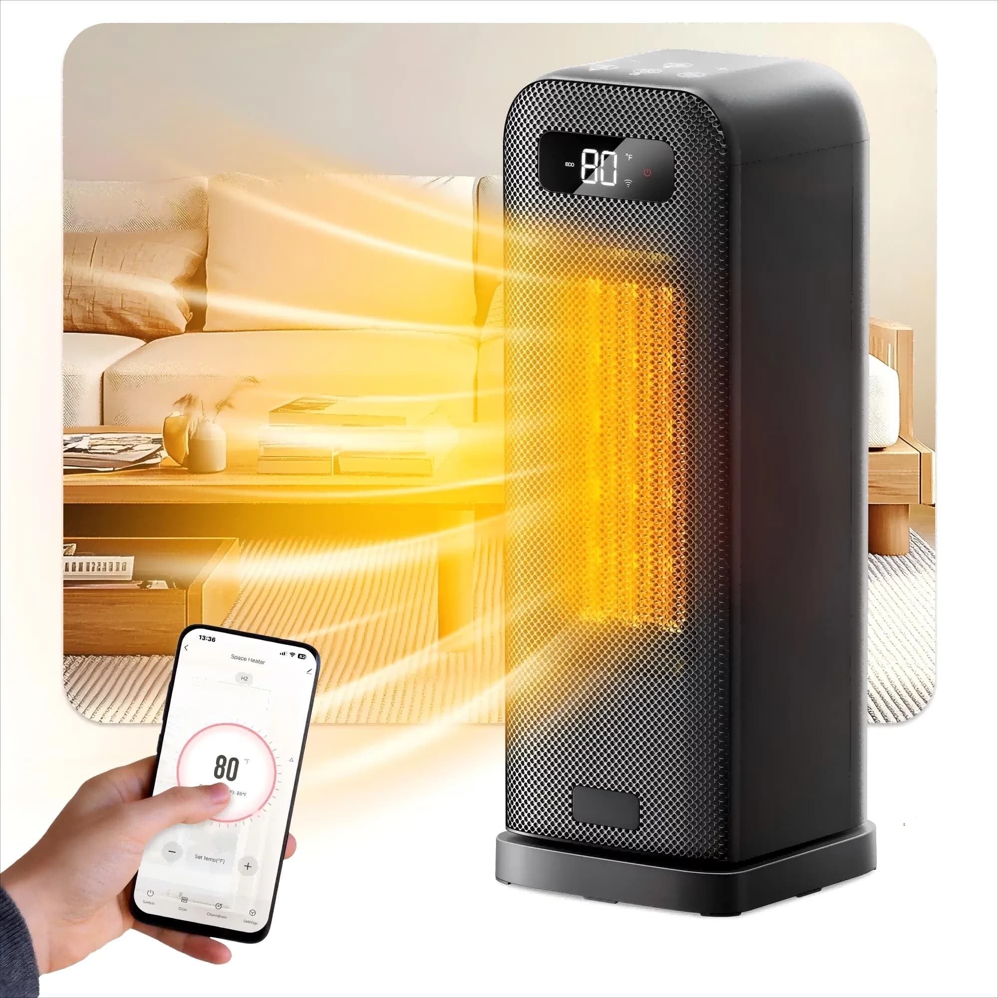 Portable And Electric Space Heater Modern with 1500W, Child Lock, Remote&APP Contorl - Black for Bedroom Model 97D407