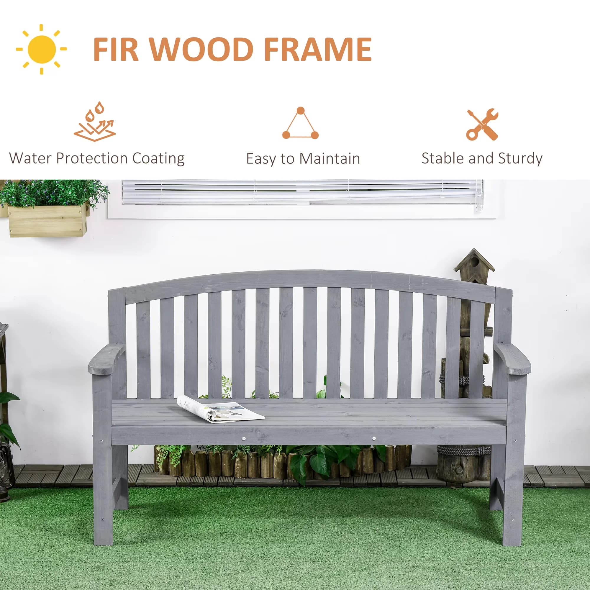 Compact Patio Chair with Waterproof, 56" Outdoor Wood Bench - Gray Fir Wood Model 625A92