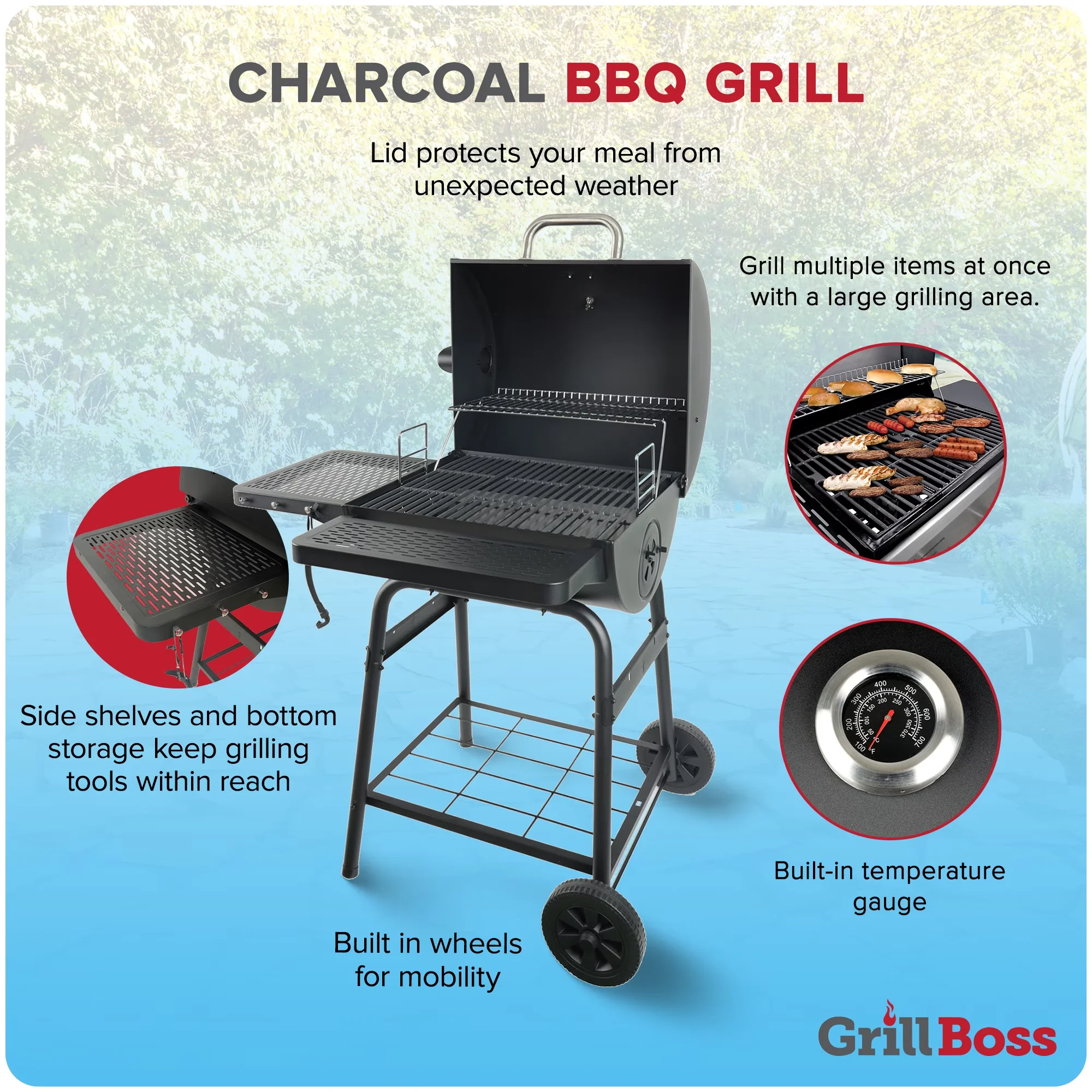 Stylish Flat Top Grill with Warming Rack, Black, 23" Charcoal Barrel - Steel Model DDAF5D