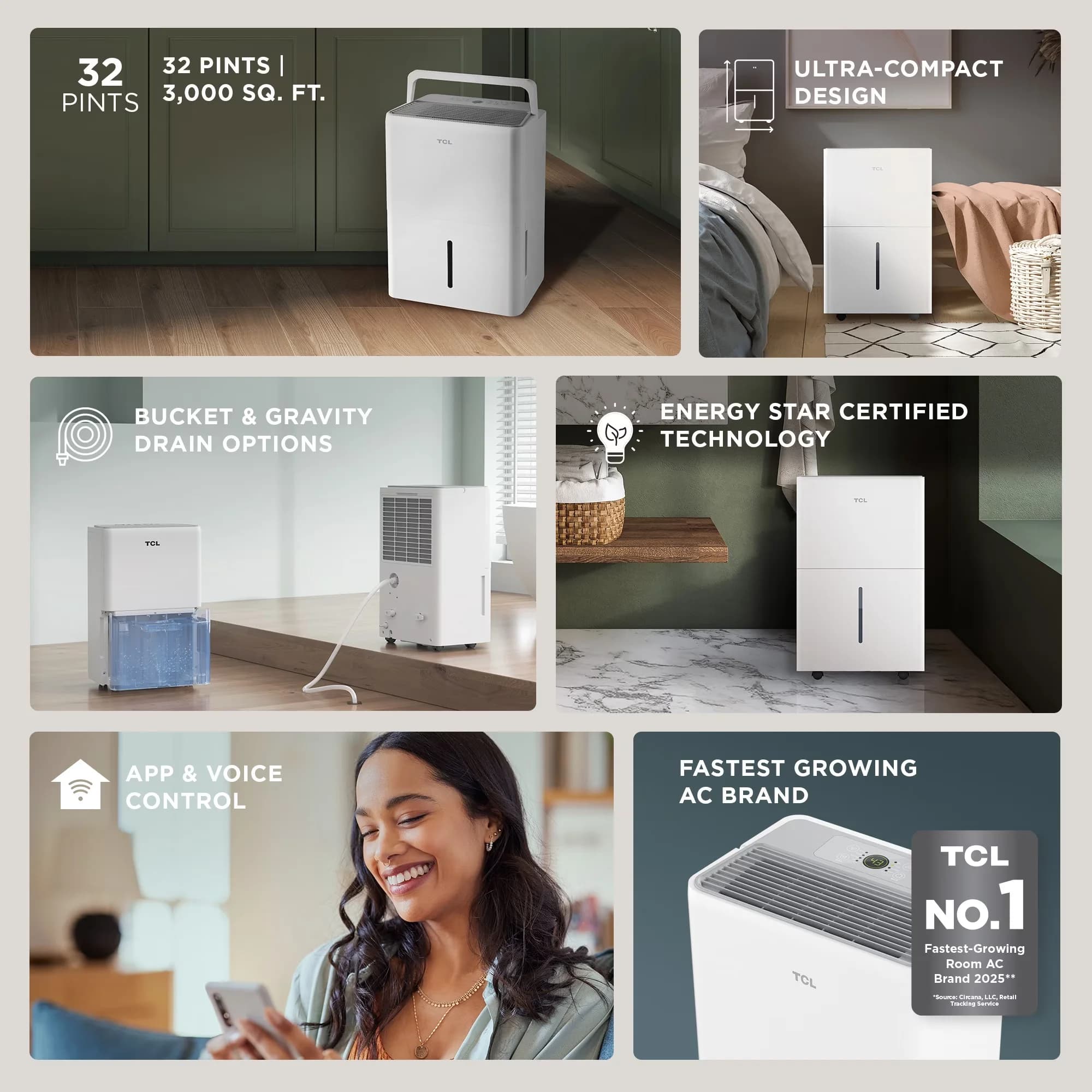 Stylish Dehumidifier with Smart Technology Capable, Rooms up to 3000 sq ft - White Model B0697F