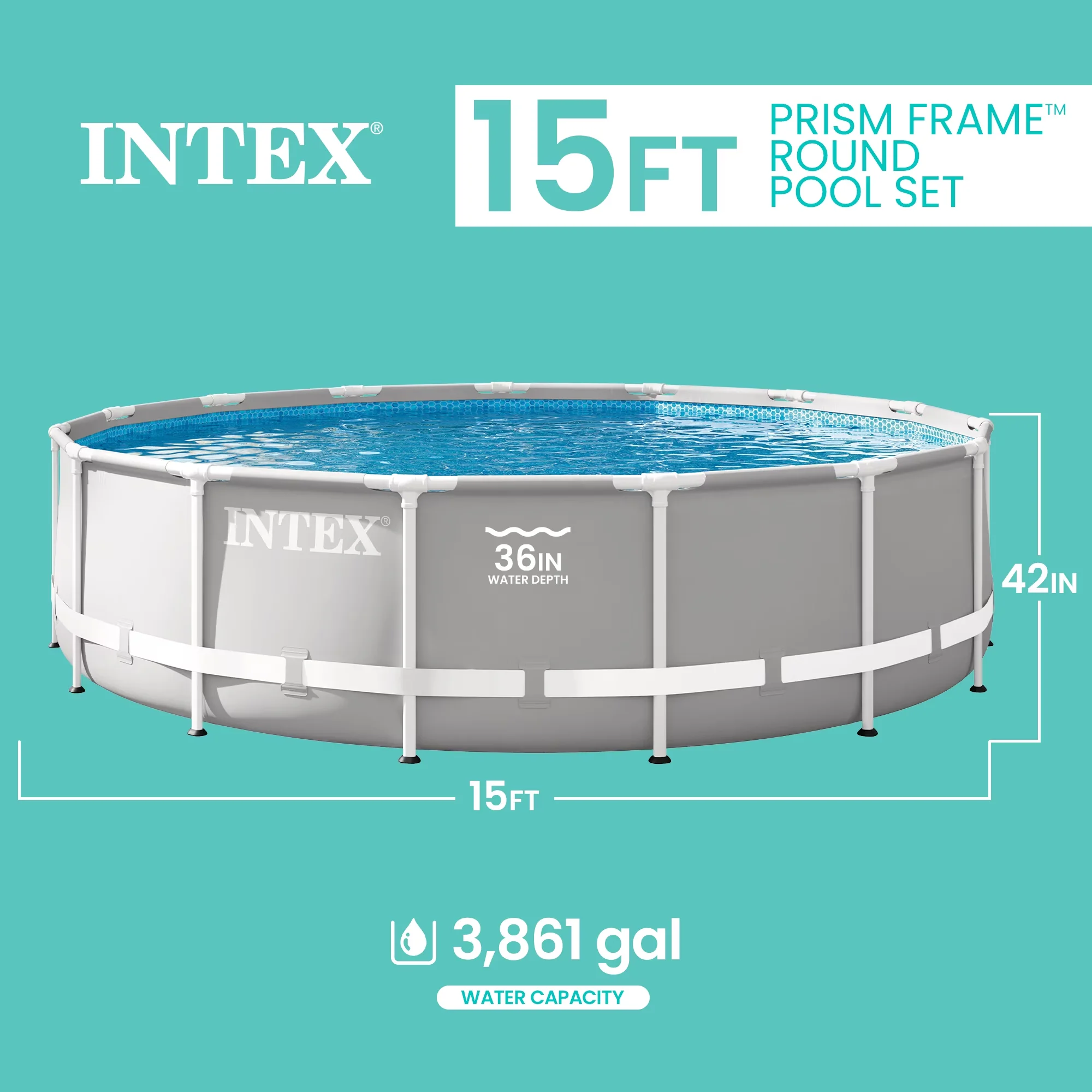 Durable Above Ground Pool with Puncture Resistant, 15ft x 42in Prism Frame Swimming Set - Model 092BAB