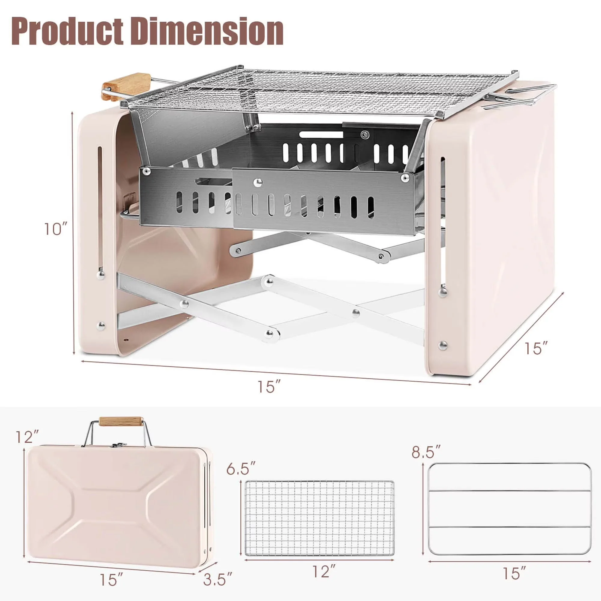 Charcoal Grill Sleek with Portable, 2 Stainless Steel Nets Box - Stainless Steel, Rubber Wood, Carbon Steel Beige Model 9ABFC0