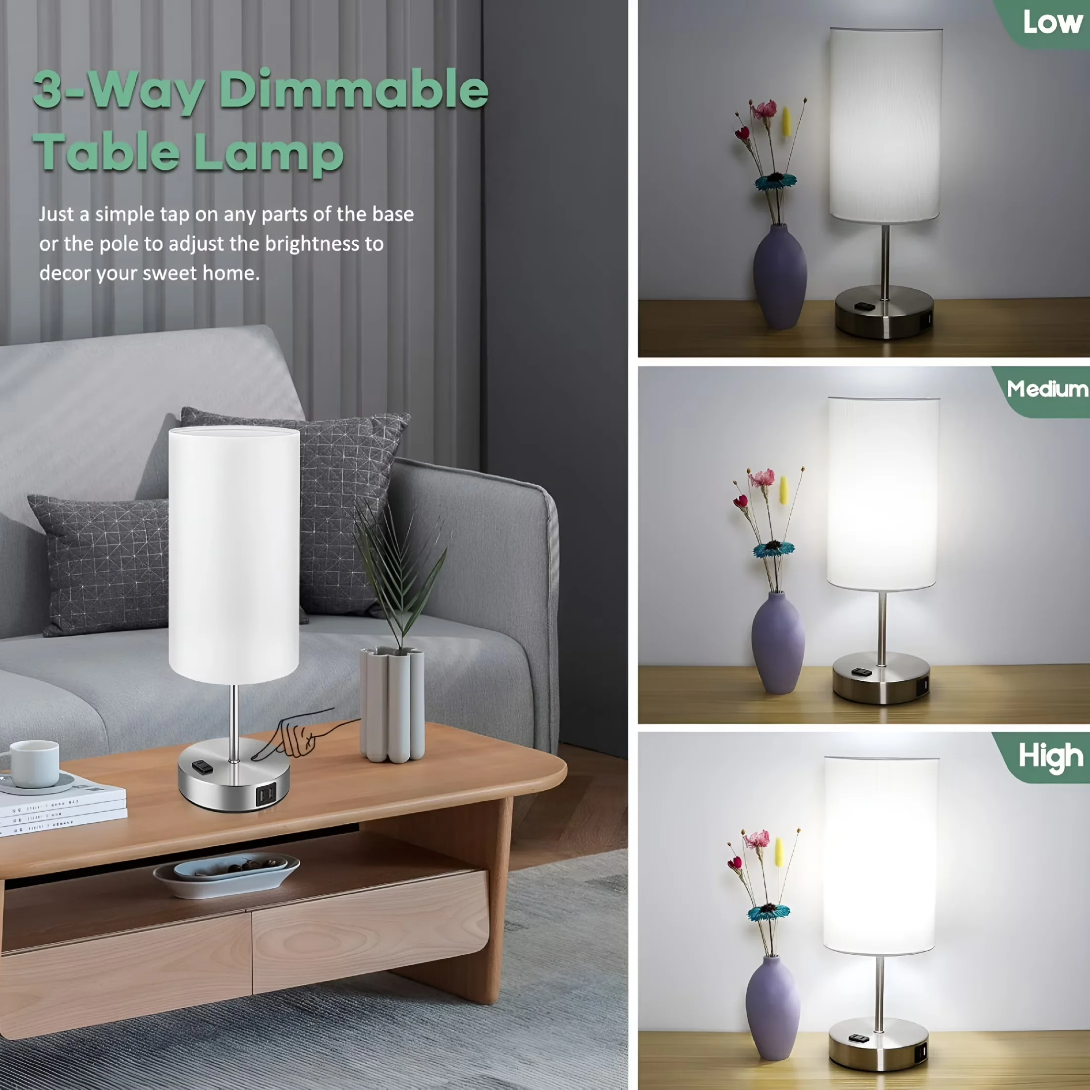 Modern Lamp Set with LED, Dimmable, of 2 Touch Control Dimmable Table Lamps - Metal White Model 2257BD