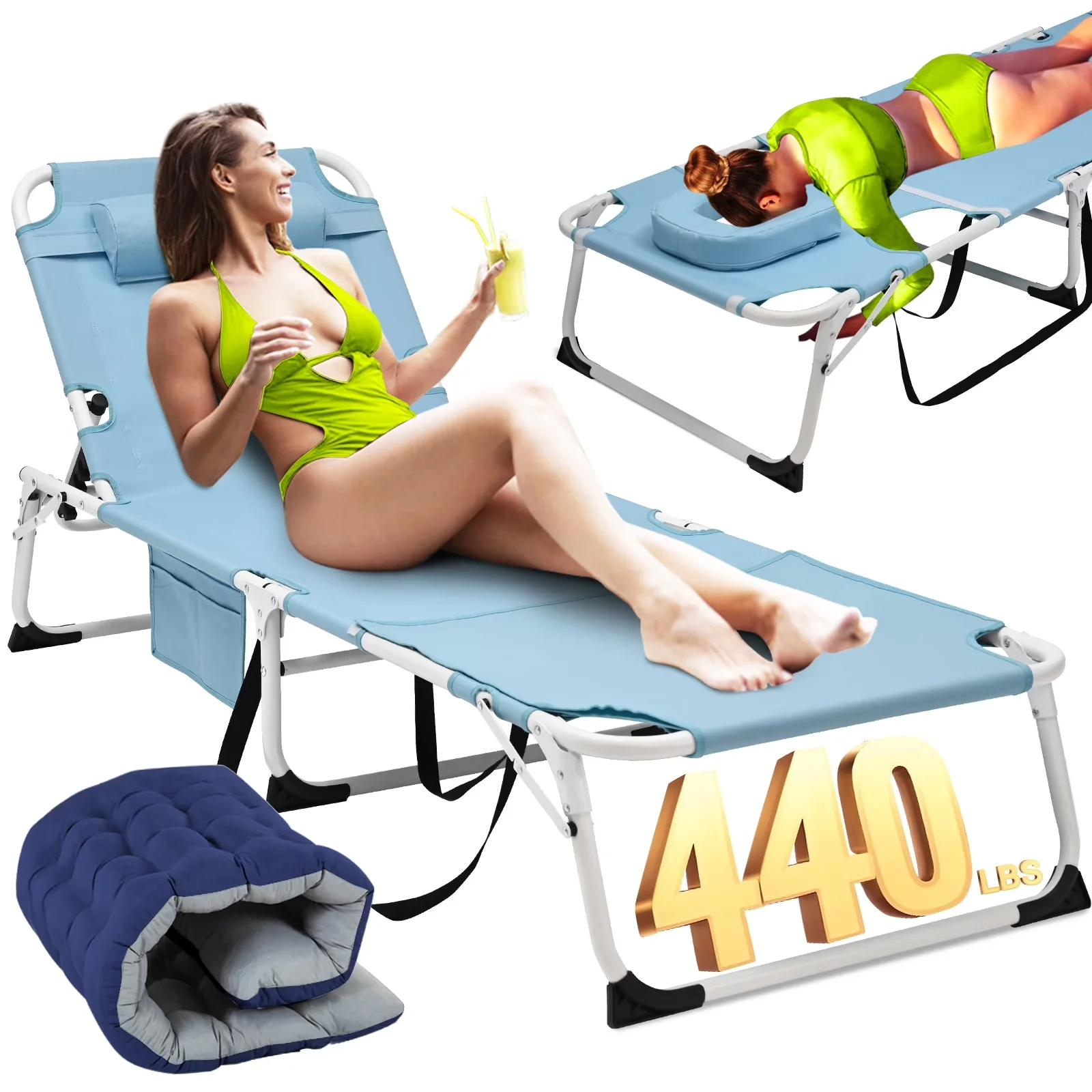 Beach Chair Quality with Foldable, Portable, Adjustable - 1200D Oxford,Steel Blue Model A25743