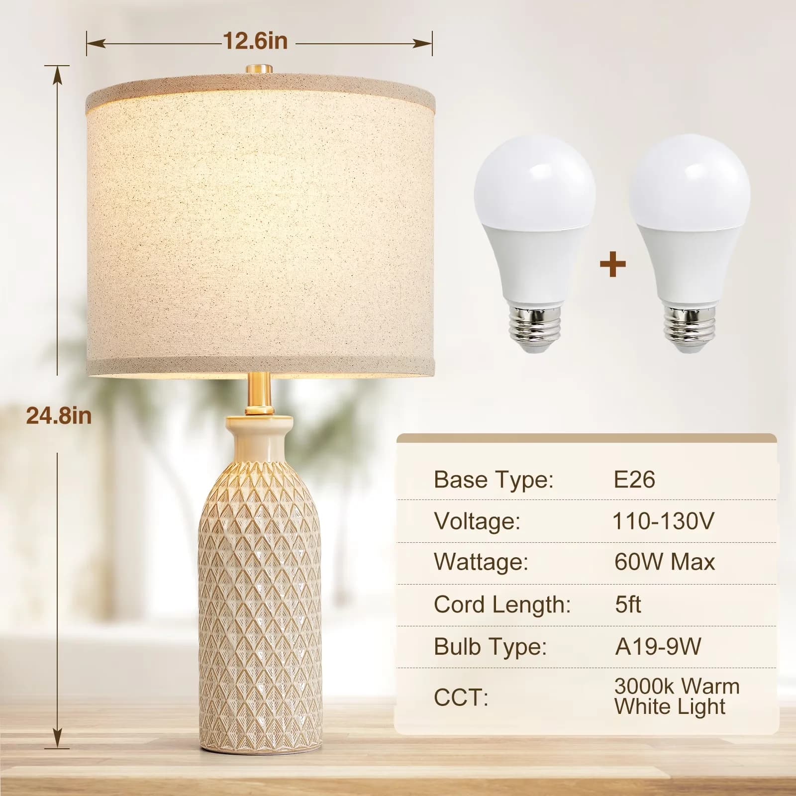 Professional Table Lamp with LED, Bedside Lamps, Ceramic Lamps Set of 2 - Beige Ceramic Model 5C92A3