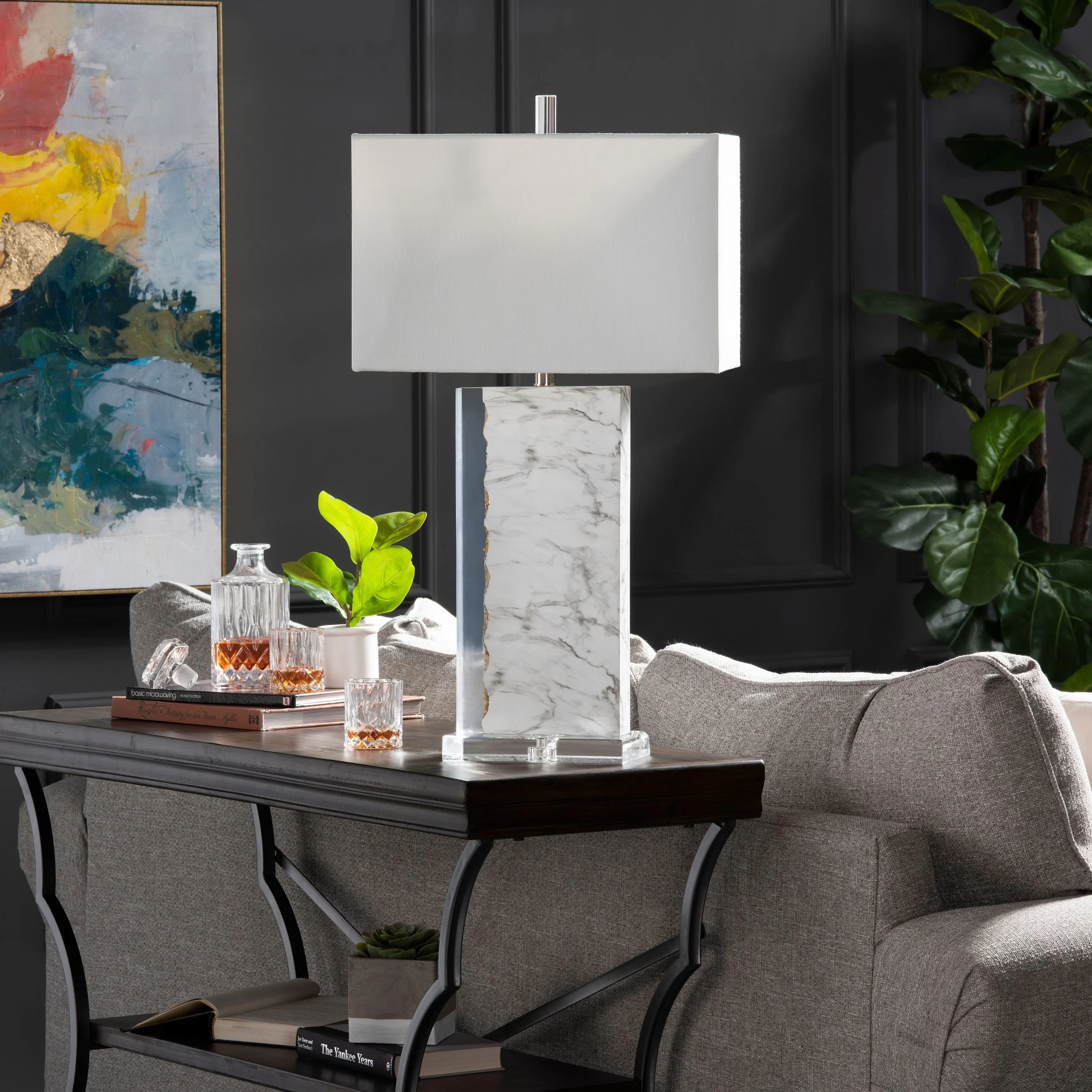 Sleek Table Lamp with Dimmable, White Linen Shade, Enzo 3-Way Resin - White Resin Model B5D8A1