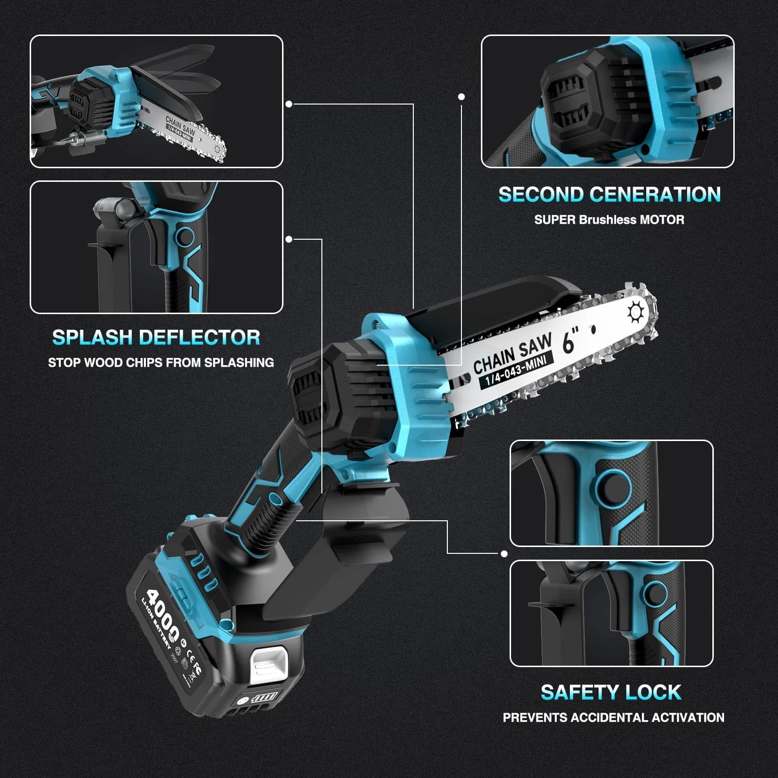Classic Pole Saw with Battery, Automatic Chain Oiler, 9.4ft Electric Limb & Pruner Cutters - Blue Model 70F3F1