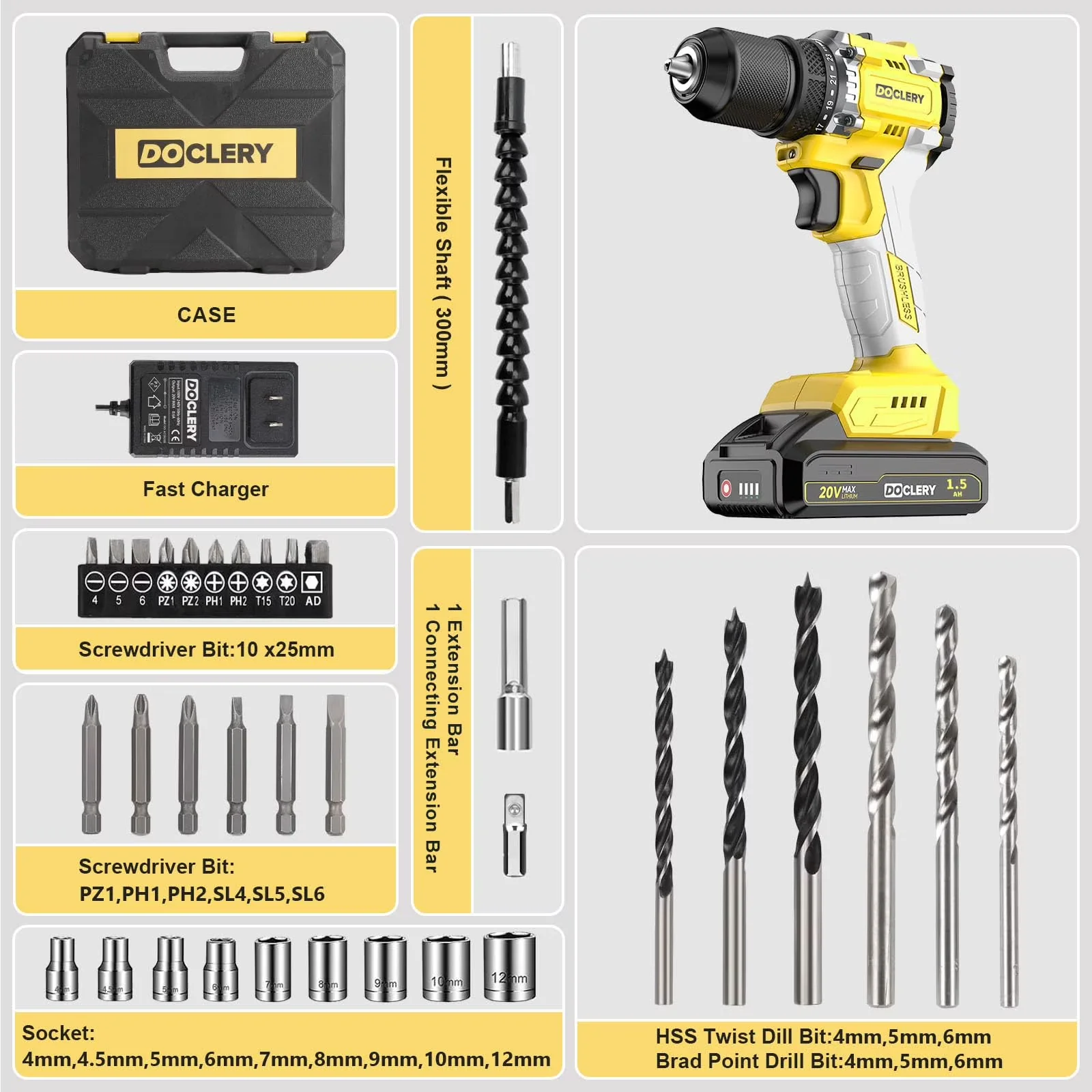 Drills Driver Compact with Battery, 20V, Cordless - Yellow - Compact and Portable Model 21A2E0