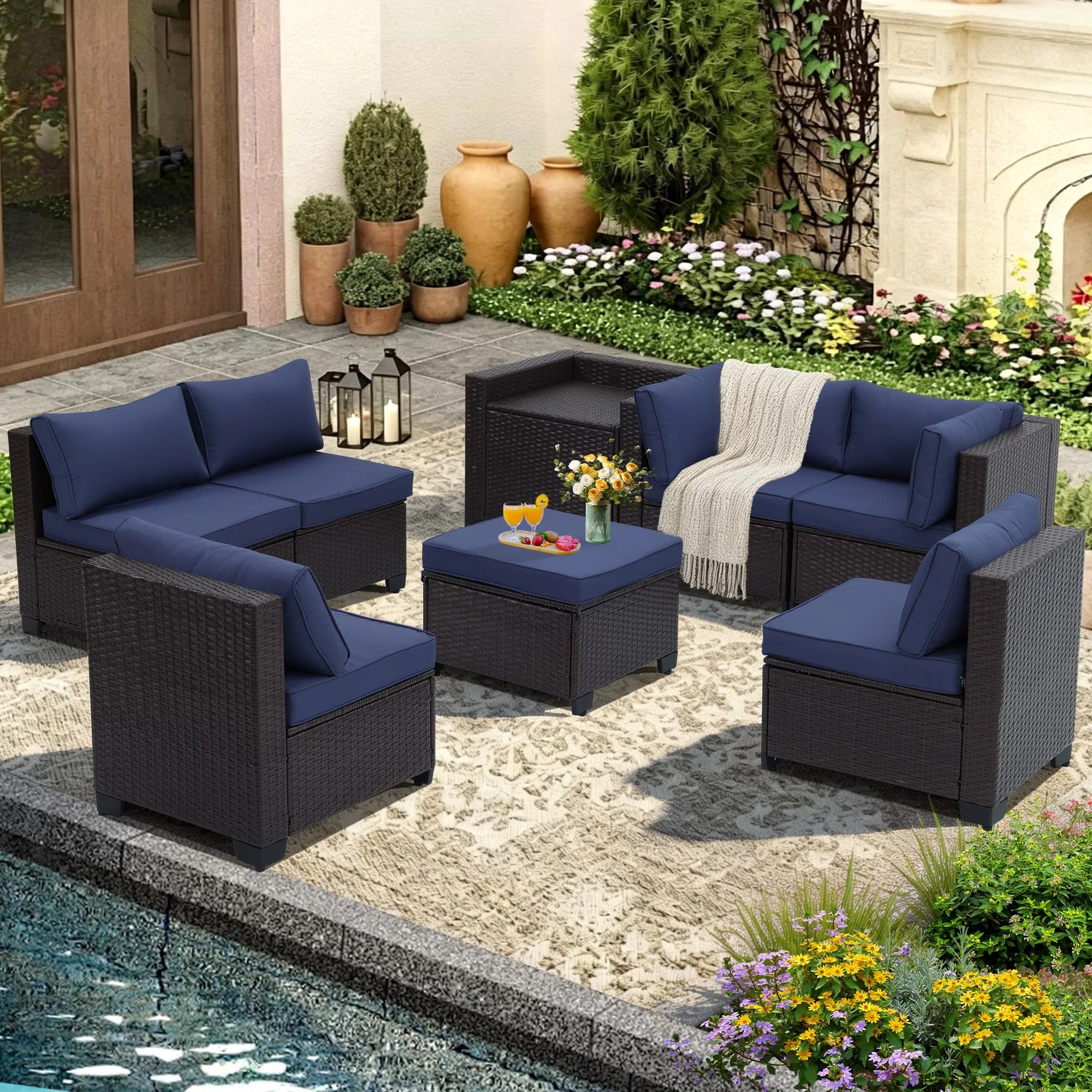 Reliable Patio Conversation Set with Weatherproof, Storage - Blue Steel Frame,Pe Rattan Wicker,Polyester Cushion,Sponge Model 00766E