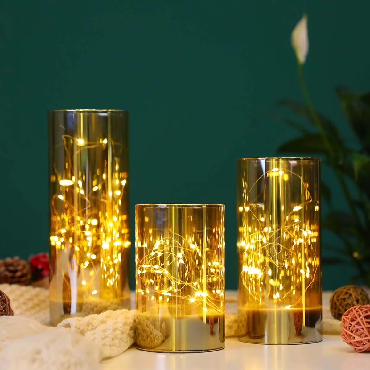 Modern Lamp Set with LED, Battery, French Country - Glass Gold - Sleek Profile Model A59B81