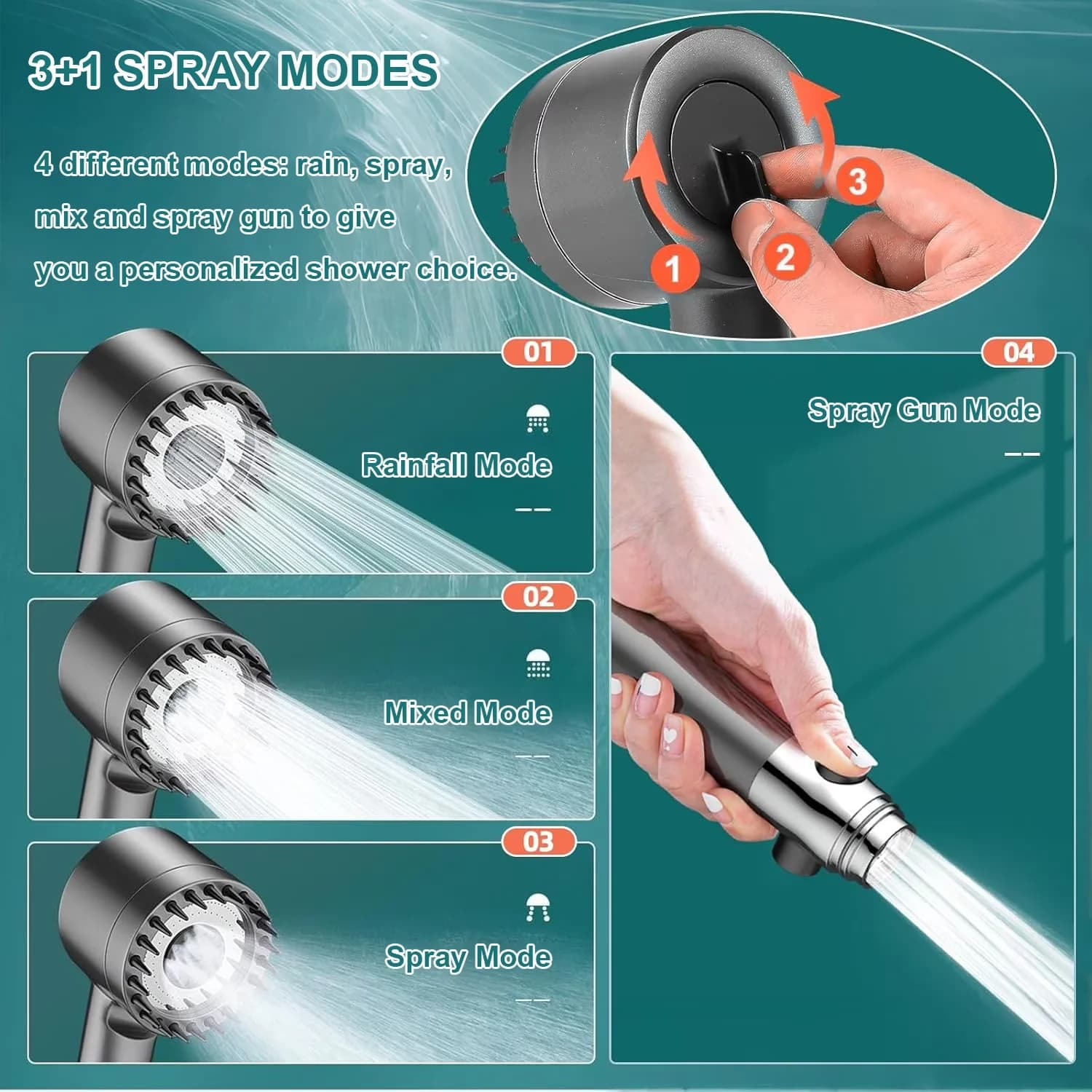 Versatile Shower Head with Detachable, Adjustable, Ion Drops - Gray - Standard Series Model DD94F2