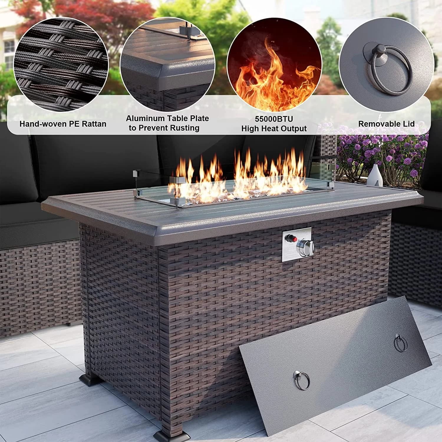 Essential Outdoor Heating with 55000 BTU, Adjustable Flame, Windshield & Weather Cover - Rattan, Aluminium, Metal Brown for Patio, Garden Model 8249D8