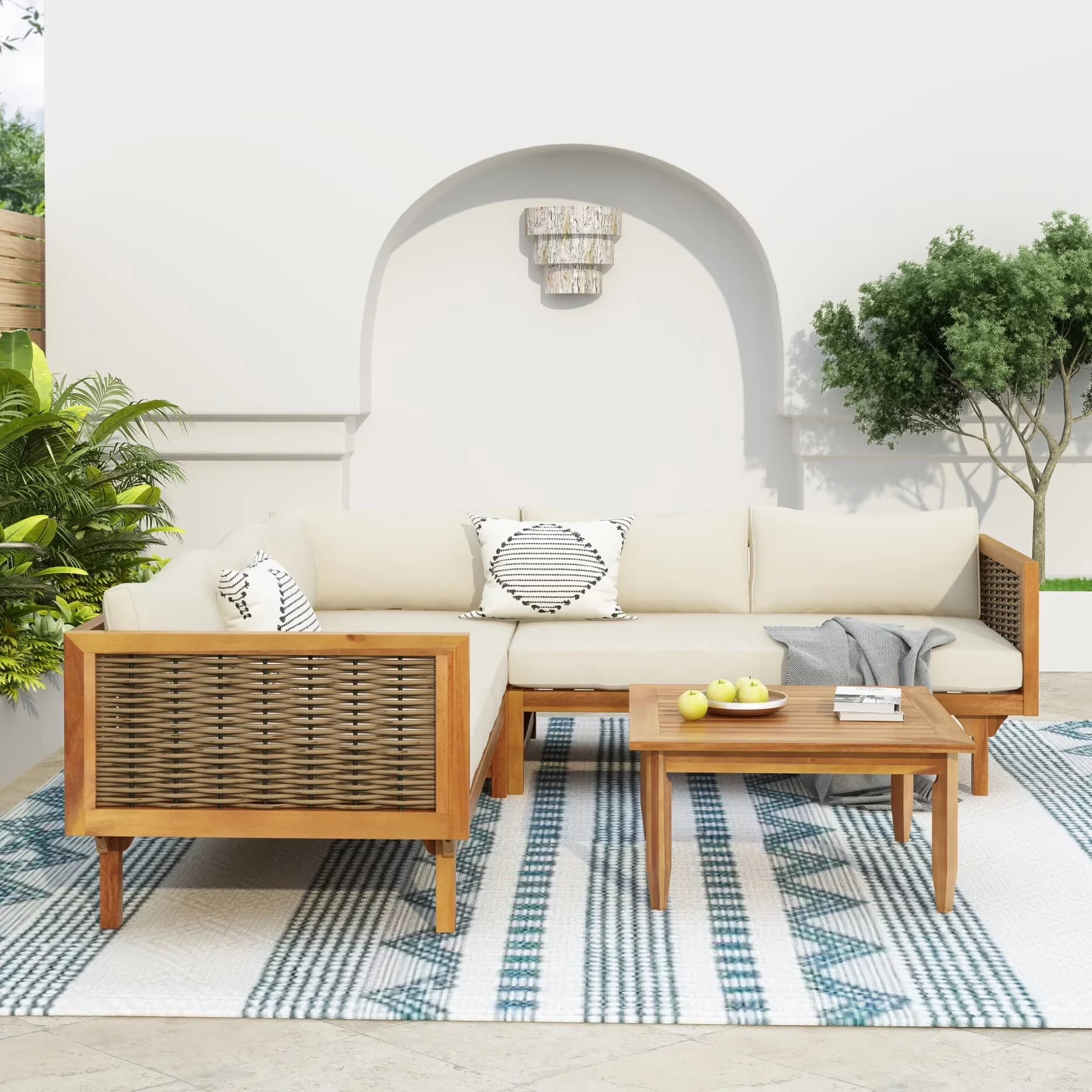 Outdoor Sofas Sectional Modern with Coastal, Product Type:Combo Item - Beige Acacia Wood,Waterproof Fabric,Wicker Model AF5FB6