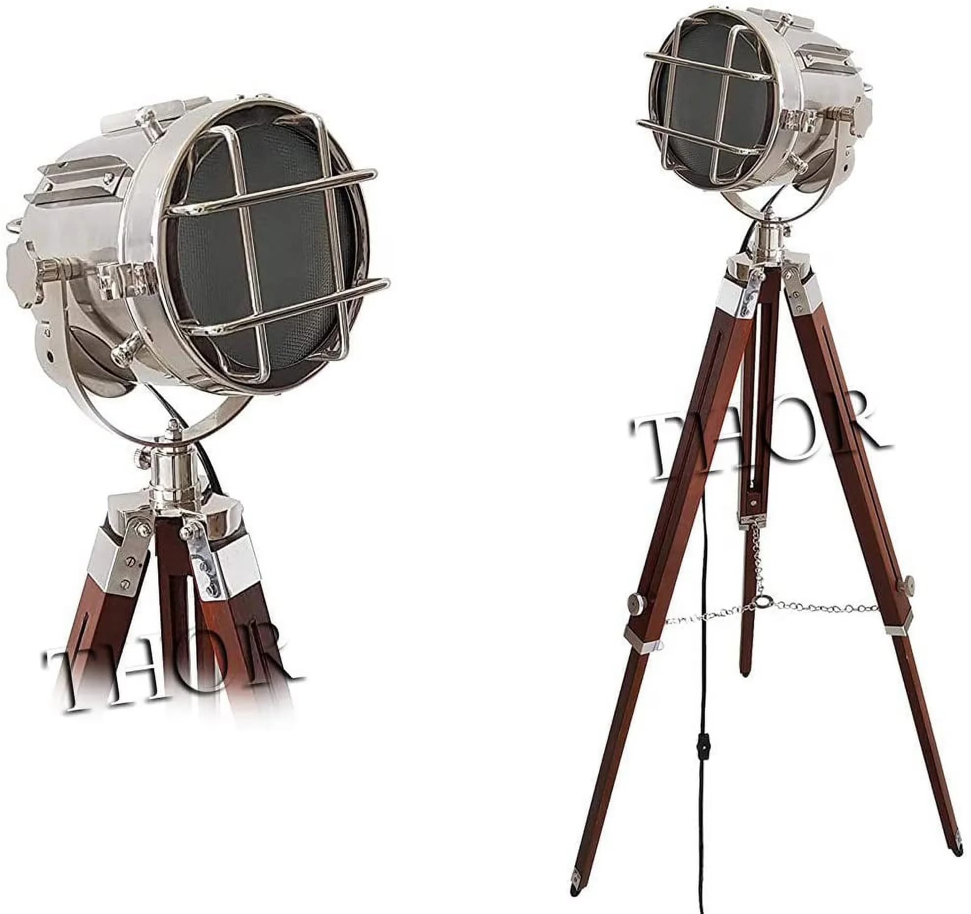 Floor Lamp Sleek with Tripod Lamps, Adjustable Height - Brown Aluminum Steel, & Wood Model 2D5B68