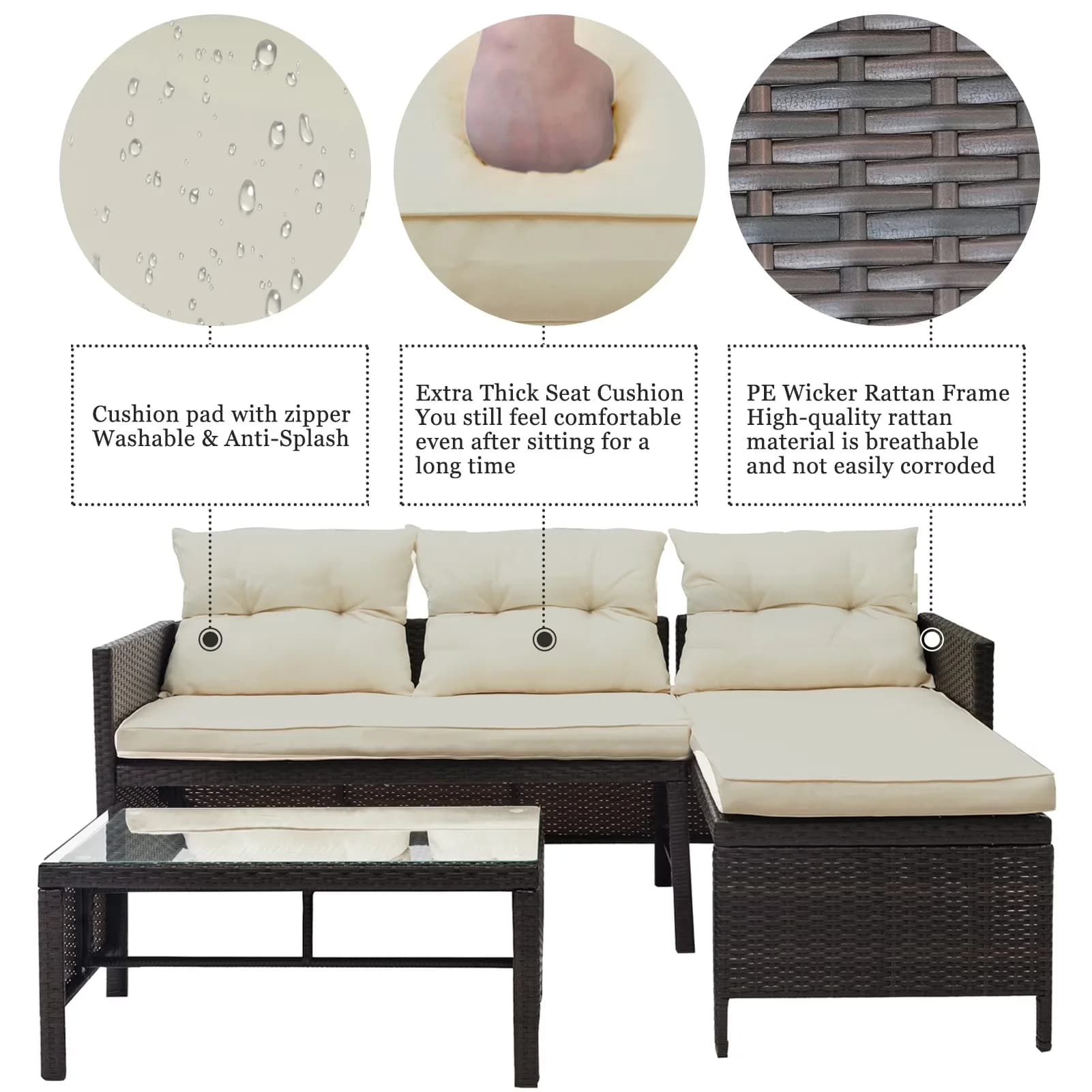 Versatile Patio Conversation Set with Two-Seater Sofa, 【Sectional & Separable Design】, Lounge Sofa - Beige Cushion Pe Rattan,Steel,... Model 48D48C