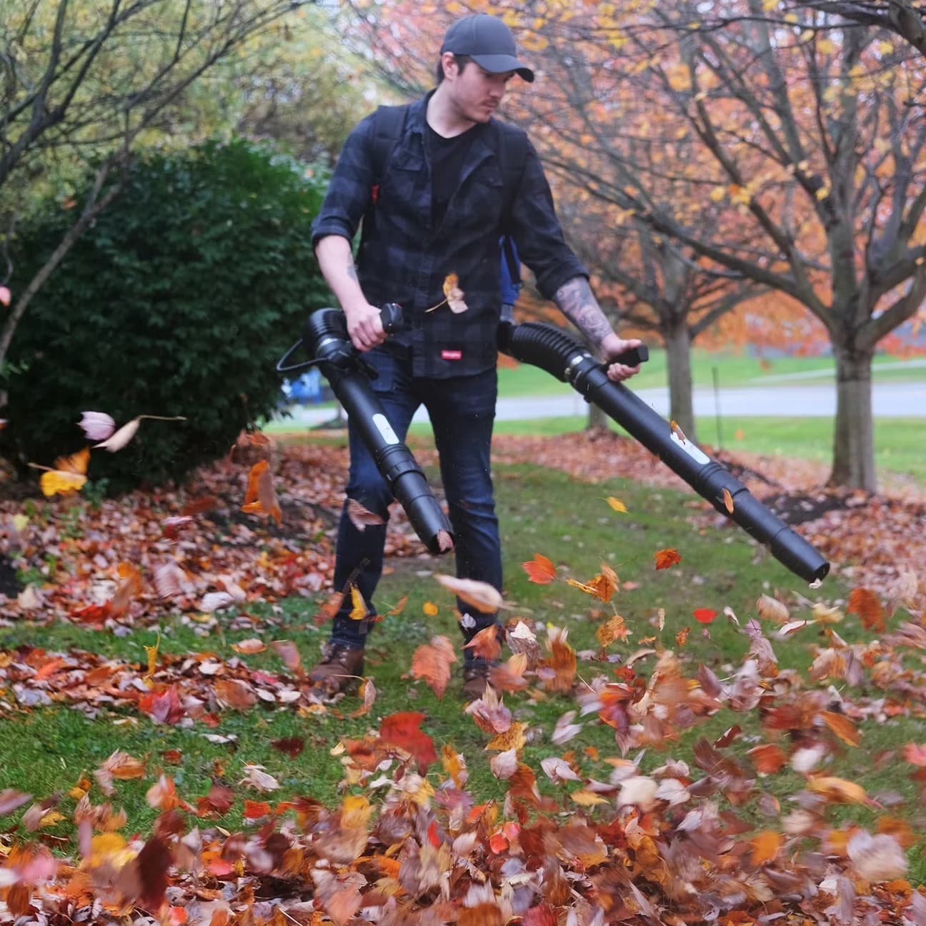 Leaf Blower Innovative with Gas Powered, Dual Cannon Double Tube Backpack, Double Blower - Model 85E4E9