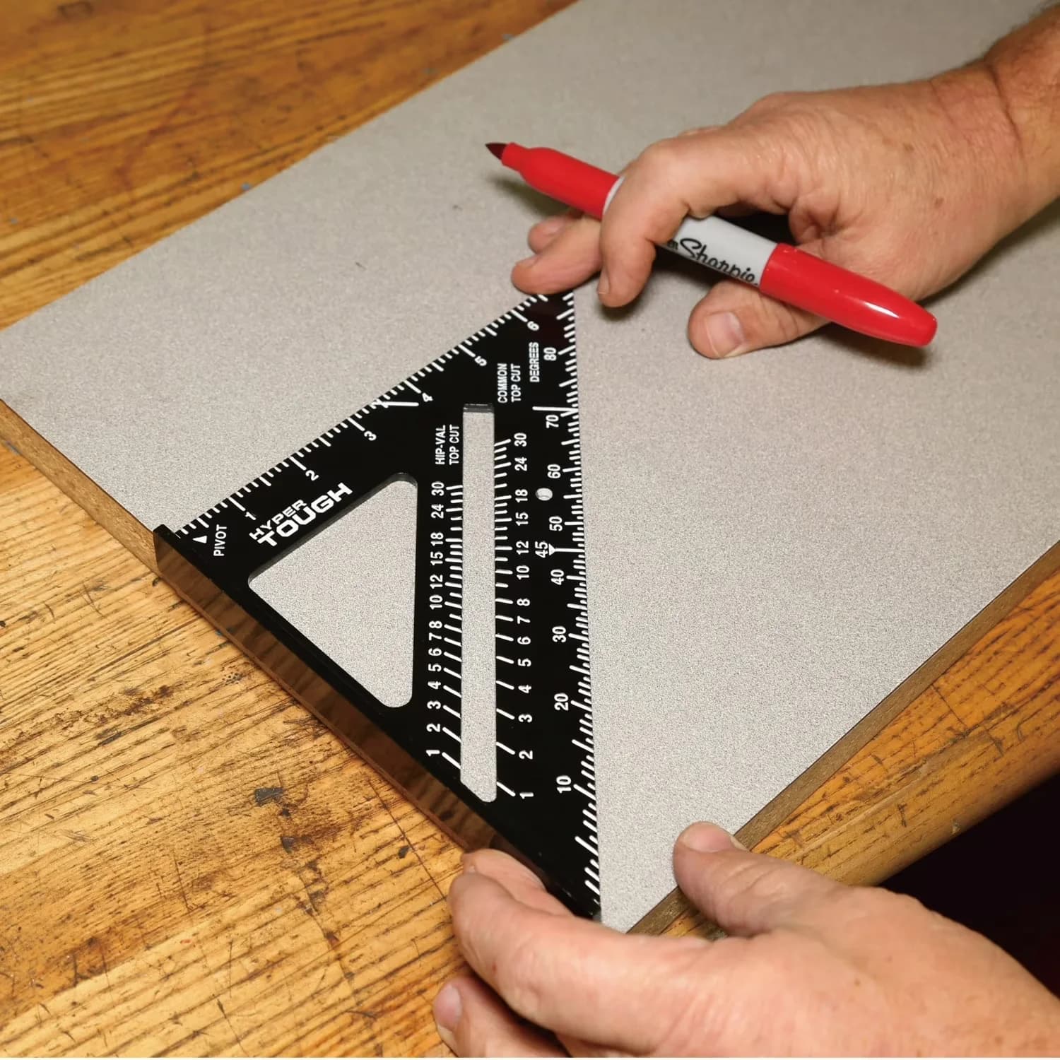 Stylish Measuring Layout with Lightweight, Durable, 7-Inch Aluminum Rafter Angle Square - Black Plastic Model 03E552