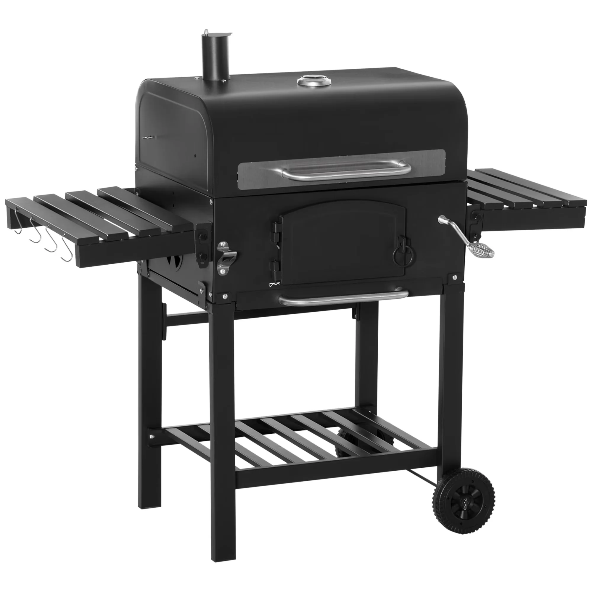 Quality Charcoal Grill with 26", Bottom Shelf and Adjustable Height, Side Table - Black Steel, Enameled Cast Iron Model AB09DA