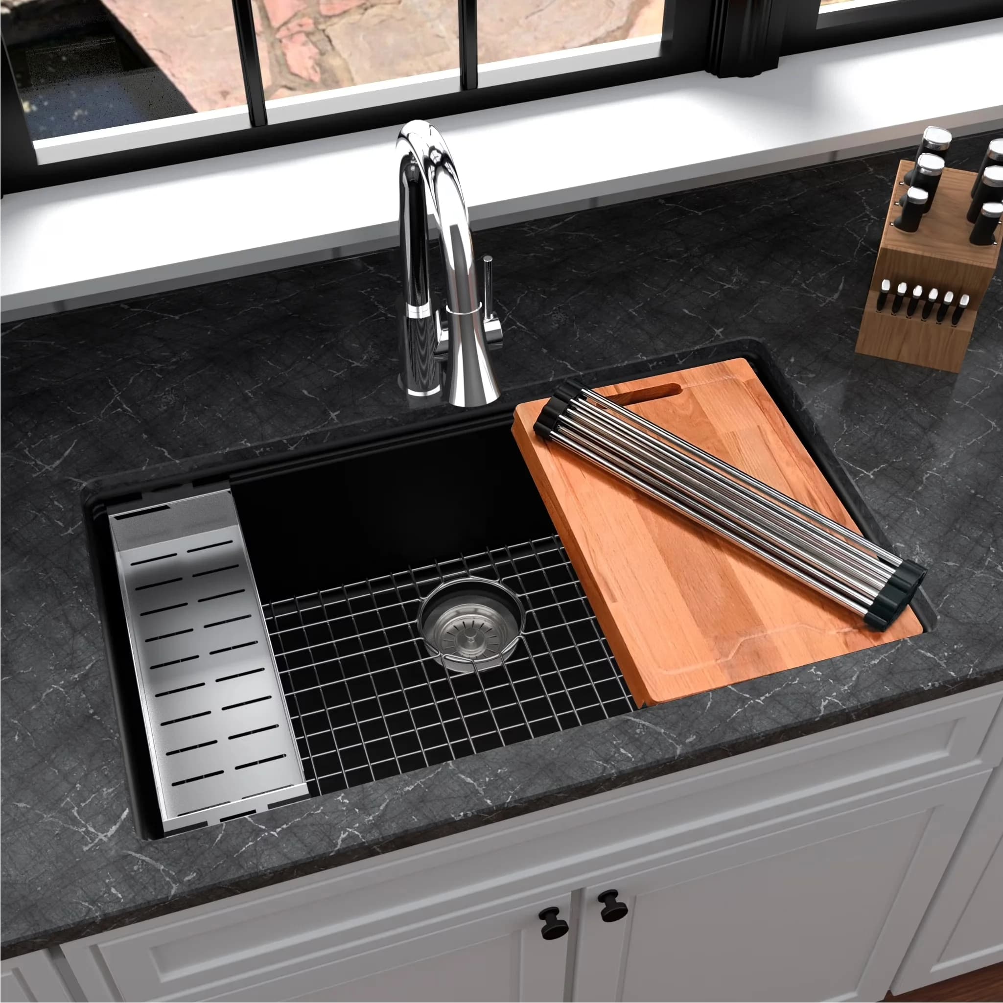 Essential Kitchen Renovation with Workstation, Quartz QU Collection - Quartz Composite Gray Model DCFB3F