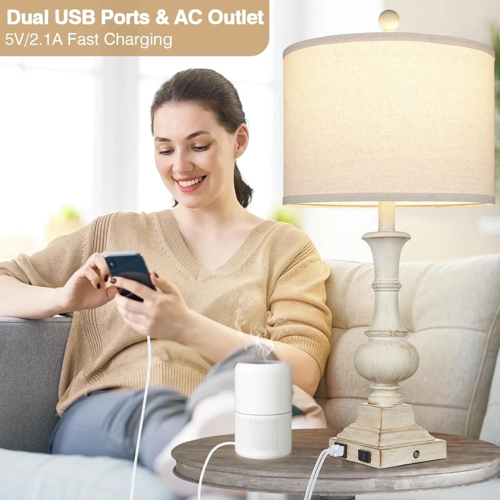 Classic Lamp Set with LED, Contemporary - Resin Beige for Living Room, Bedroom Model E84C17