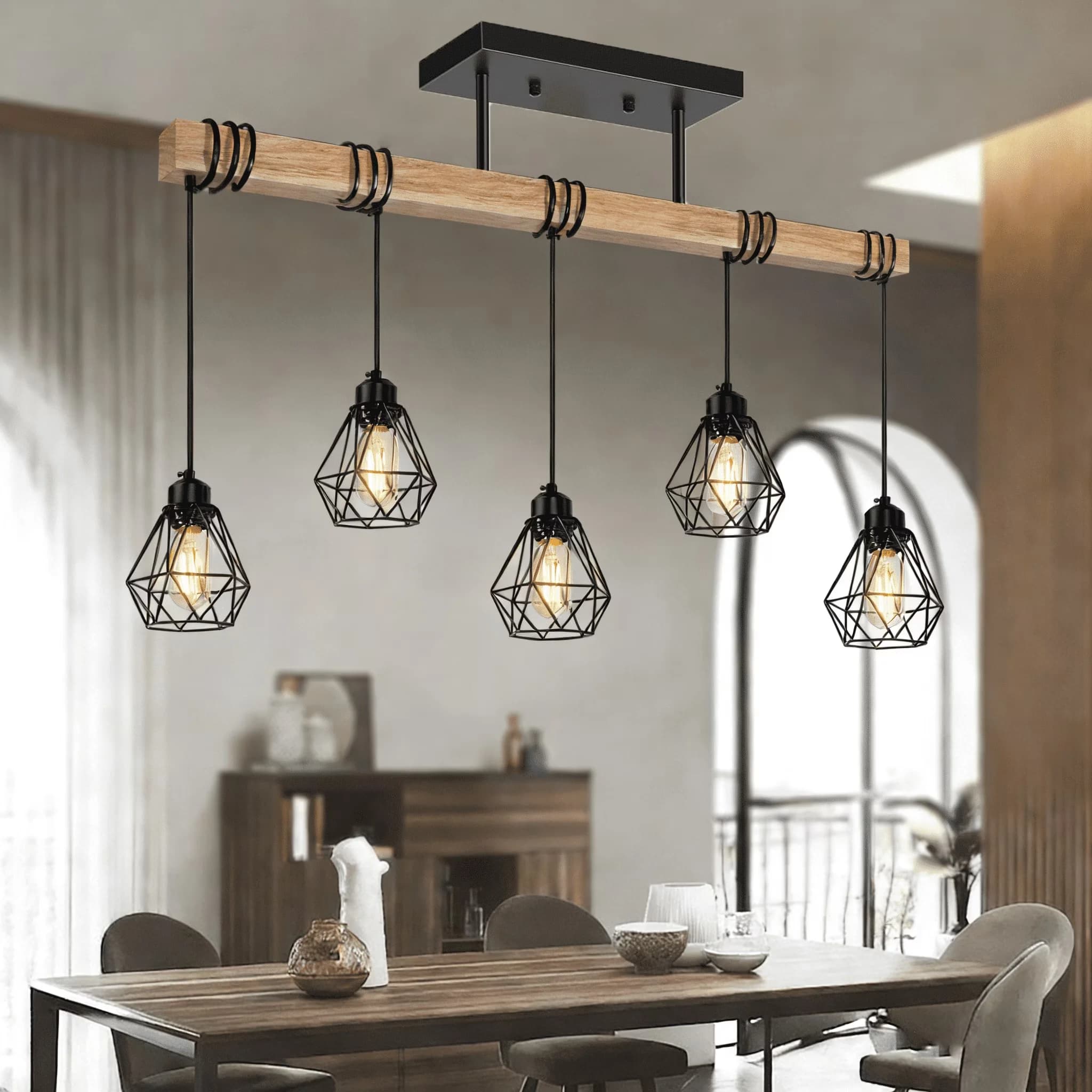 Premium Ceiling Lights Fixture with LED, Adjustable Height - Metal, Wood Black Model 786C8A