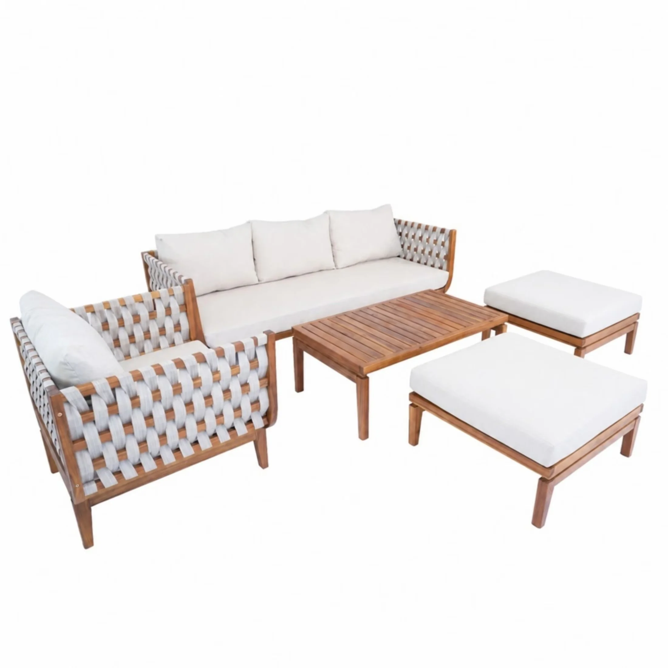 Patio Conversation Set Stylish with 5-Piece Outdoor Sofa, Ottomans and Coffee Table - Brown Acacia Wood + Rope + Water Repellent Cushion Model AF9F9B