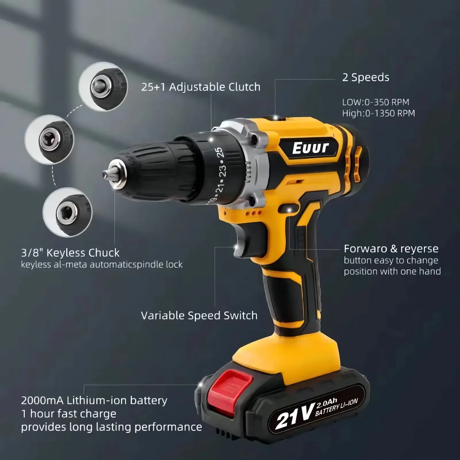 Drills Driver Reliable with Battery, 21V, Cordless Drill - Easy to Use Model 76E211