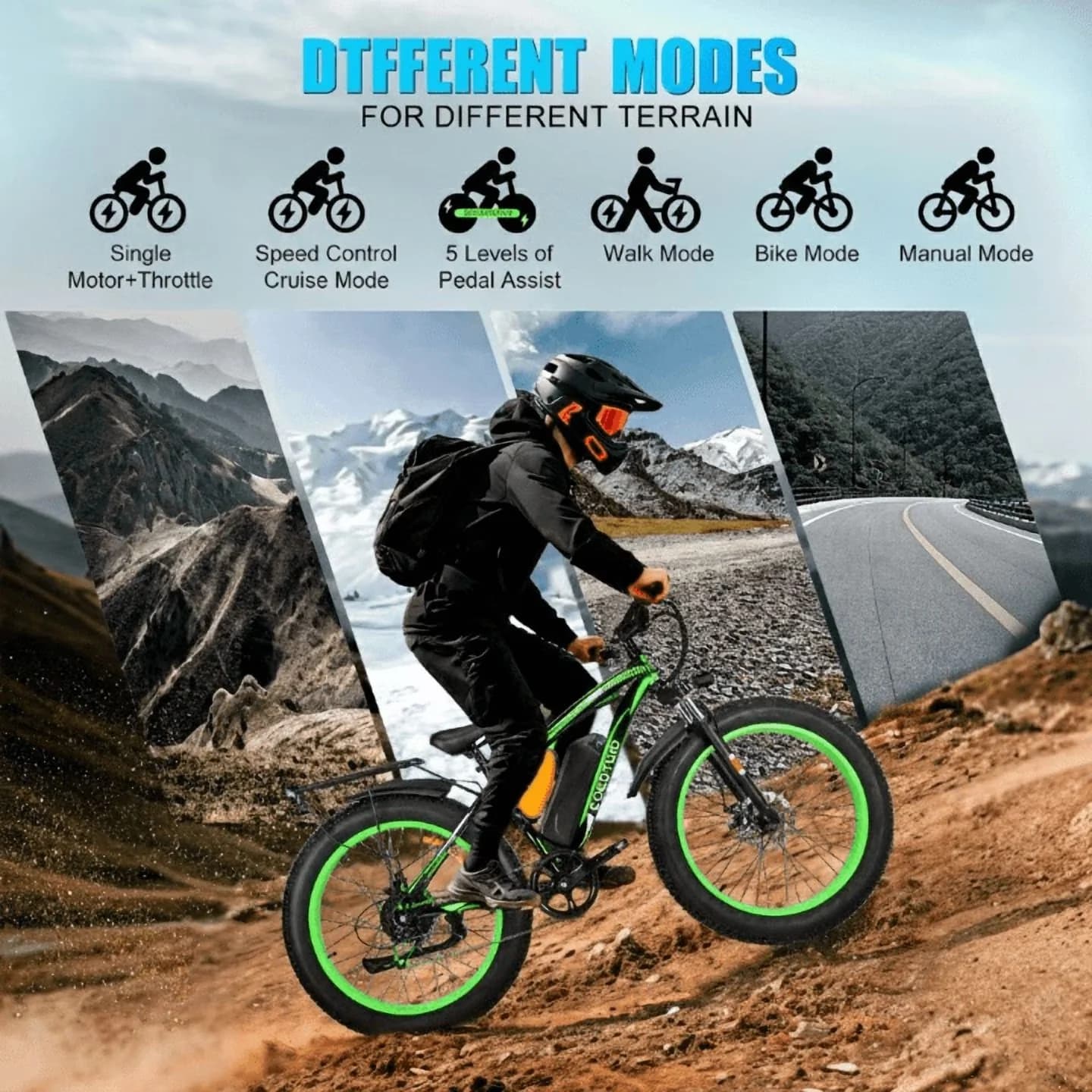 Electric Bike Durable with Battery, 1500W, 26" Fat Tire - Green - Universal Fit Model 9897C4