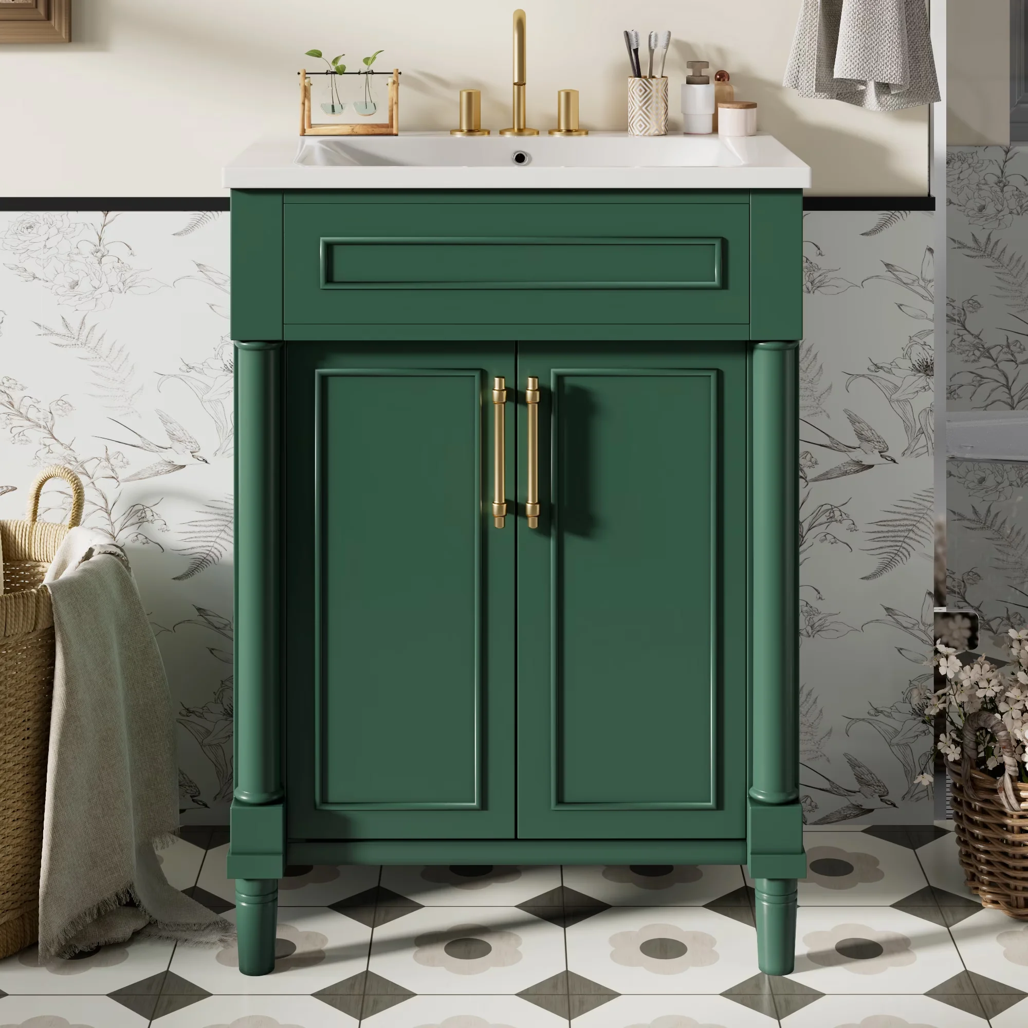 Quality Bathroom Renovation with Green, storage Cabinet, 24" Small Vanity - Model B9C5A4