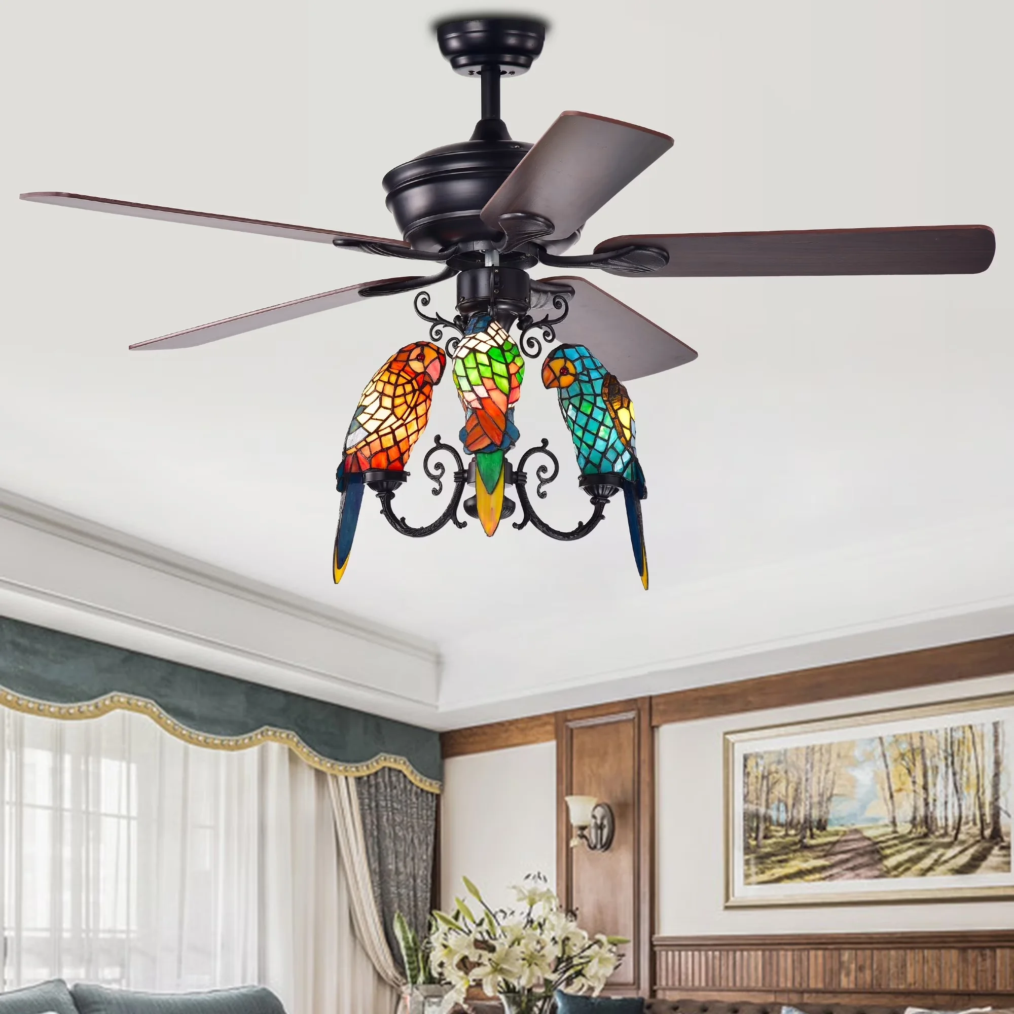 Reliable Ceiling Fan with Incandescent, Traditional - Tiffany Style Glass Black Model D7A856