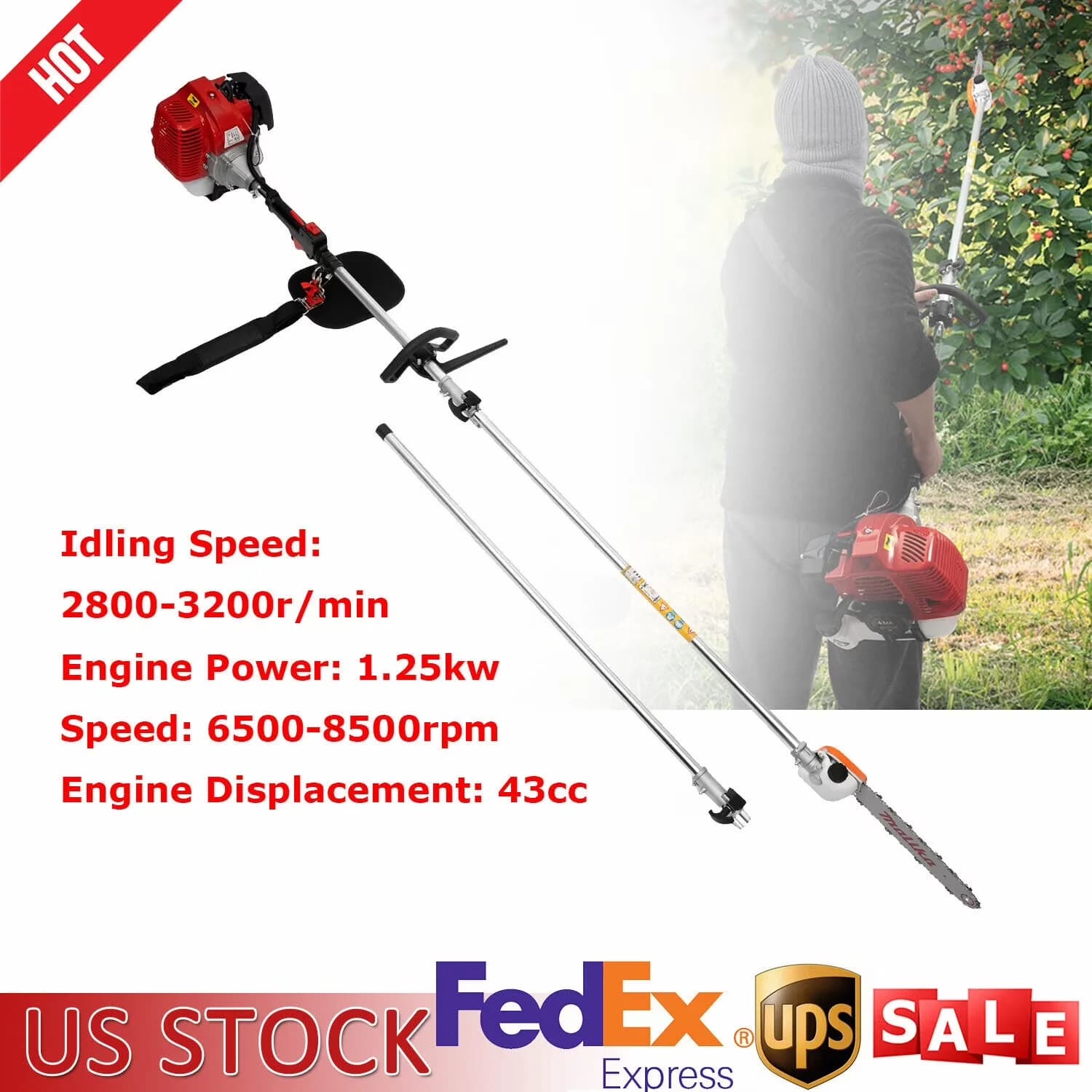 Quality Pole Saw with Other Accessories for Use, 1x Fuel Proportioning Tank, Engine Power: 1.25kw/6500-8500rpm - Model 9C6BC0