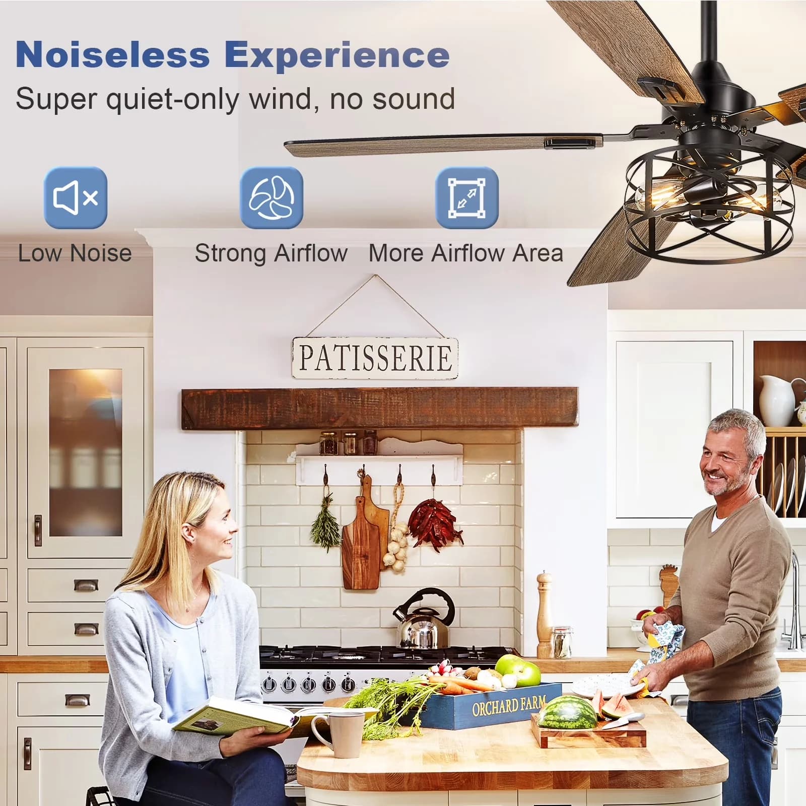 Modern Ceiling Fan with LED, Dimmable, 52-Inch Caged Fans - Black - Essential Collection Model F09479