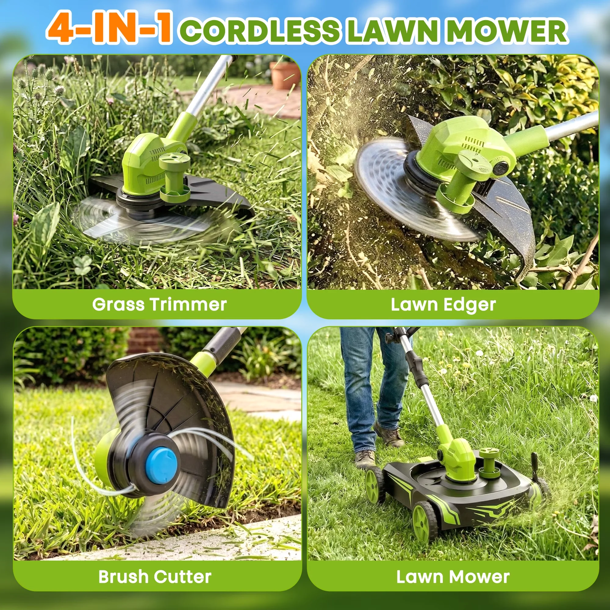 Compact Push Mower with Battery, Adjustable Cutting Height - Green for Garden Model 3B359E