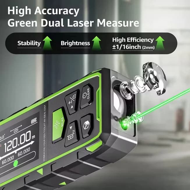 Premium Measuring Layout with Battery, Magnetic, 393Ft Dual Green Laser Distance Measure - Green Abs Model EAAEDA