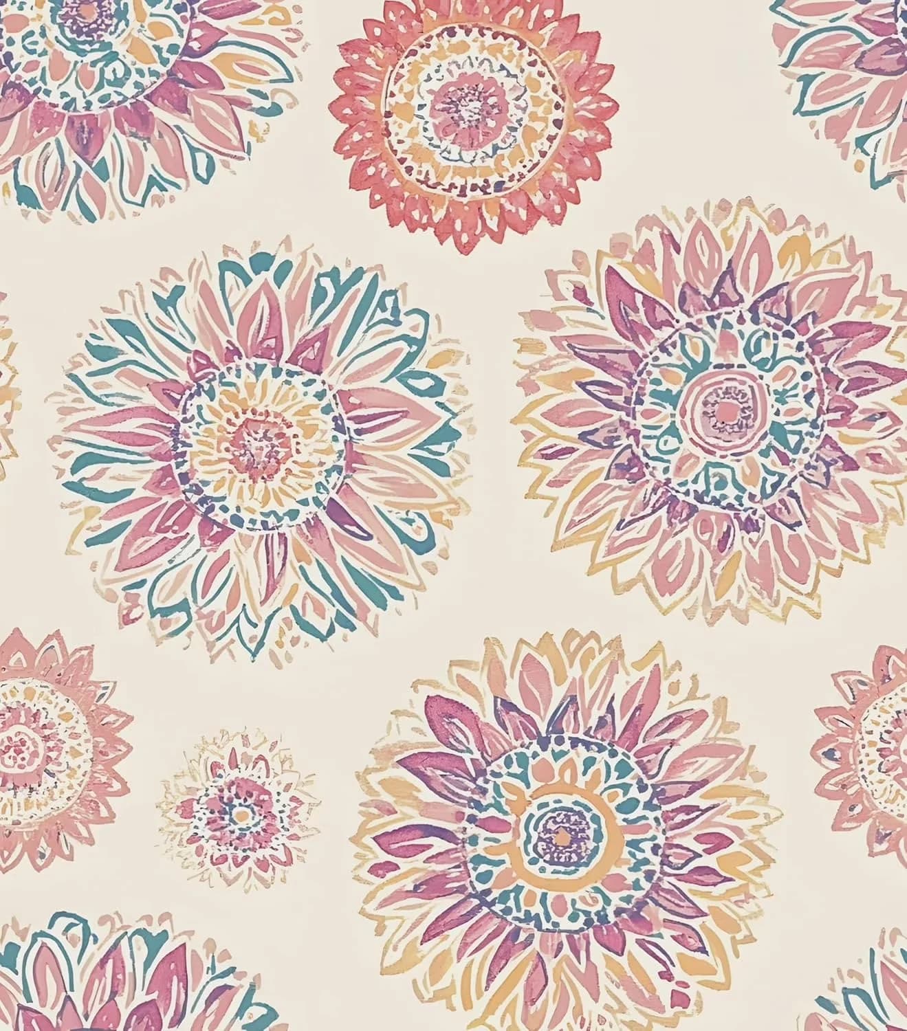 Premium Wallpaper with Boho Peel and Stick, Vintage Circle Floral Contact Paper - Beige Vinyl Model 3380DC