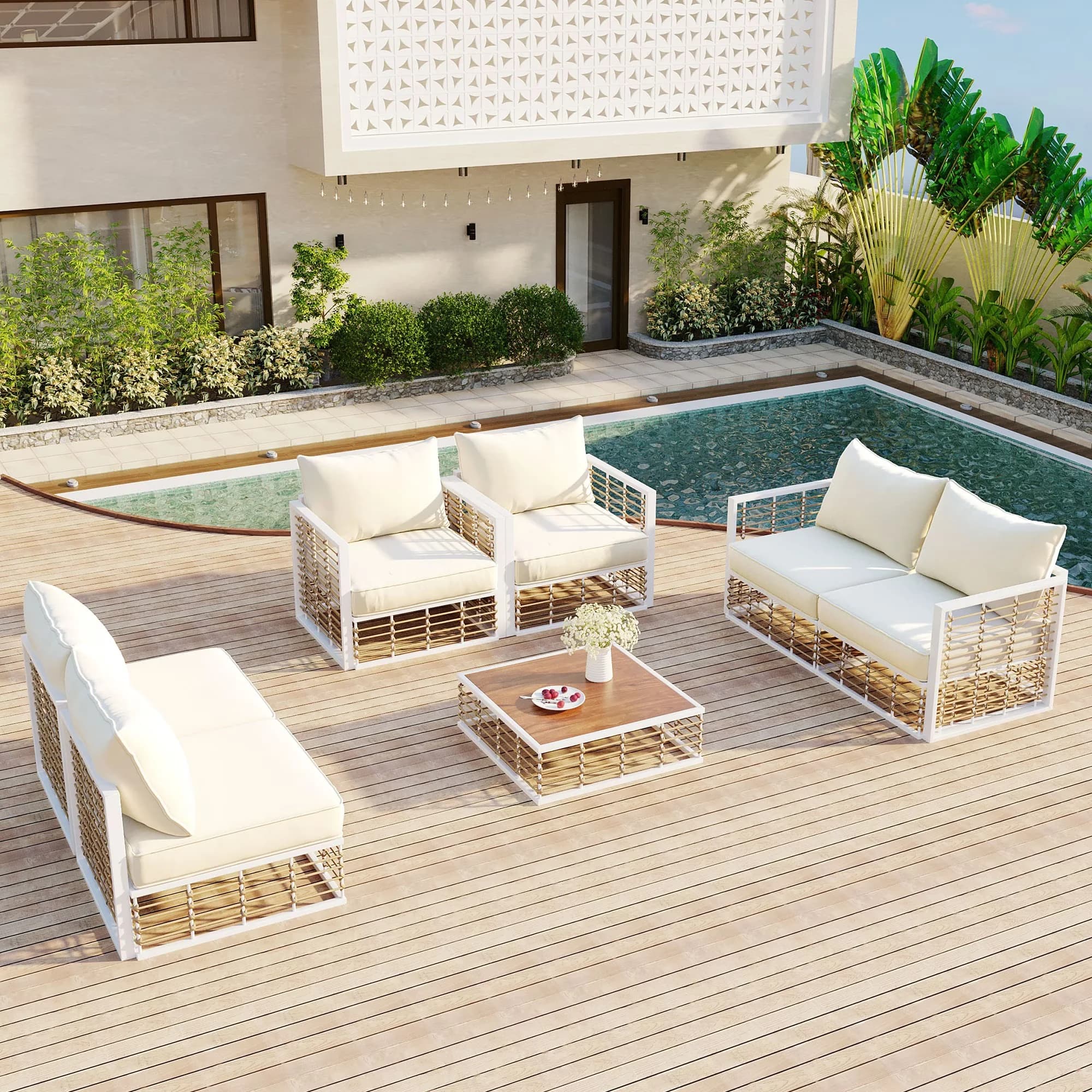 Outdoor Sofas Sectional Stylish with Modern, Water-Resistant, Thick Cushions and Coffee Table - Metal White for Indoor, Outdoor Model AC97A3