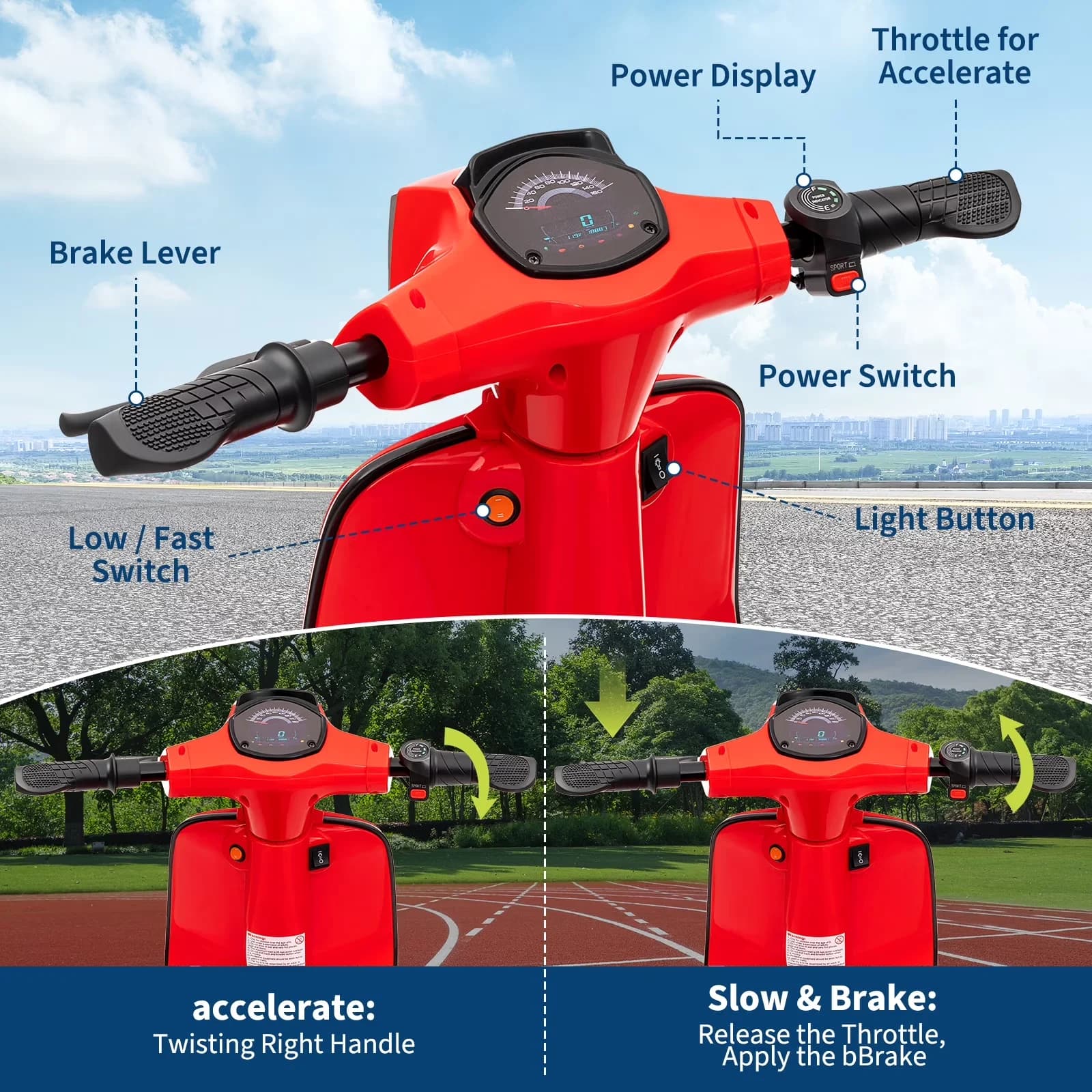 Classic Scooter with LED, 350W, Electric Moped - Pp Red 8-12 for Multiple Applications Model 48D3F7