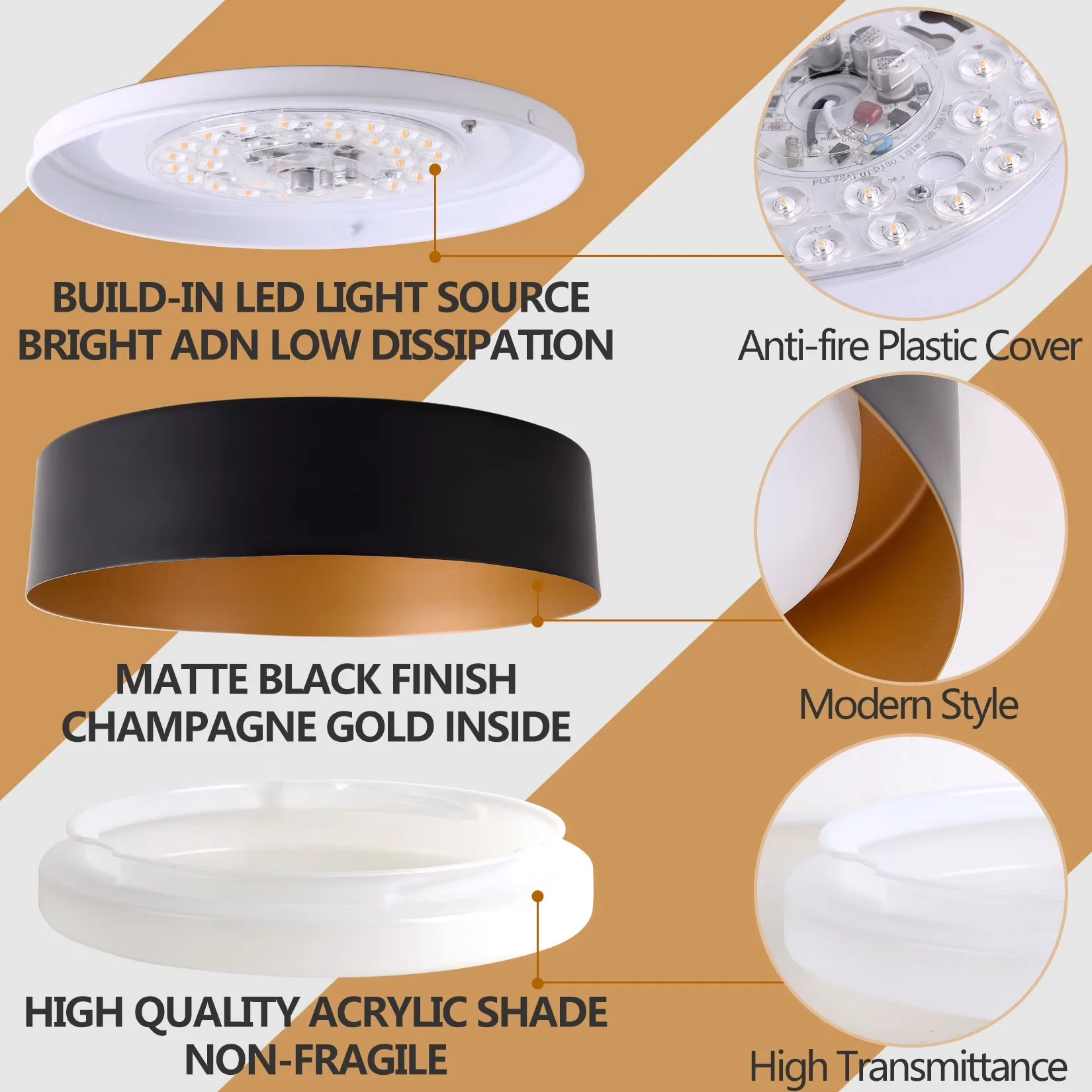 Ceiling Lights Fixture Classic with LED, 18W - Matte Black With Gold Inside Black, Gold for Bedroom Model DB1133