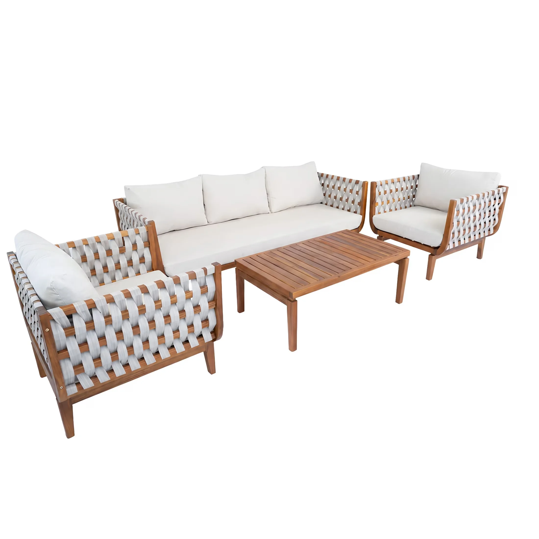 Sleek Patio Conversation Set with 4-Piece Boho Wood Outdoor, Beige Cushions - Acacia Wood + Rope + Repellent Cushion Brown Model 8E1F67