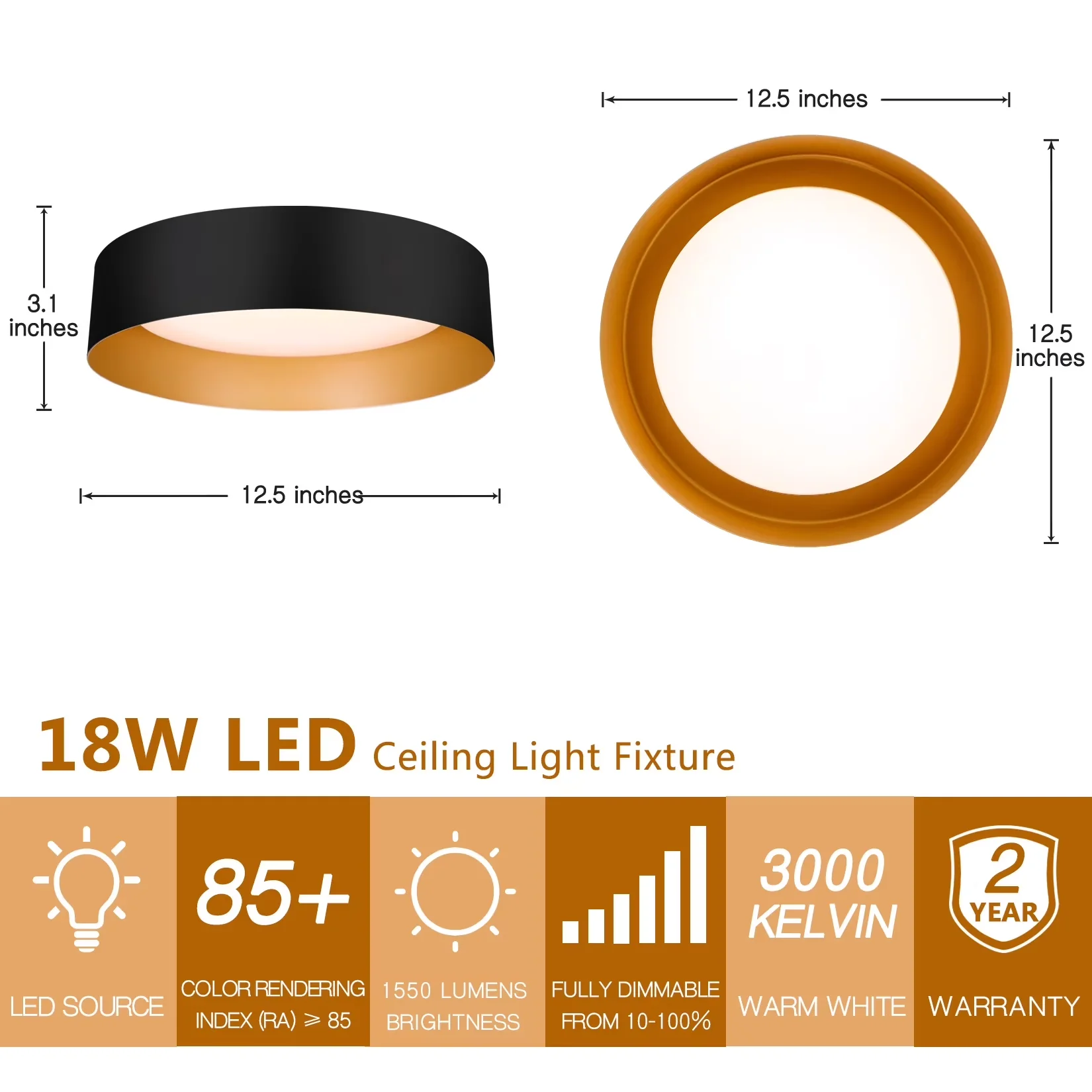 Ceiling Lights Fixture Classic with LED, 18W - Matte Black With Gold Inside Black, Gold for Bedroom Model DB1133