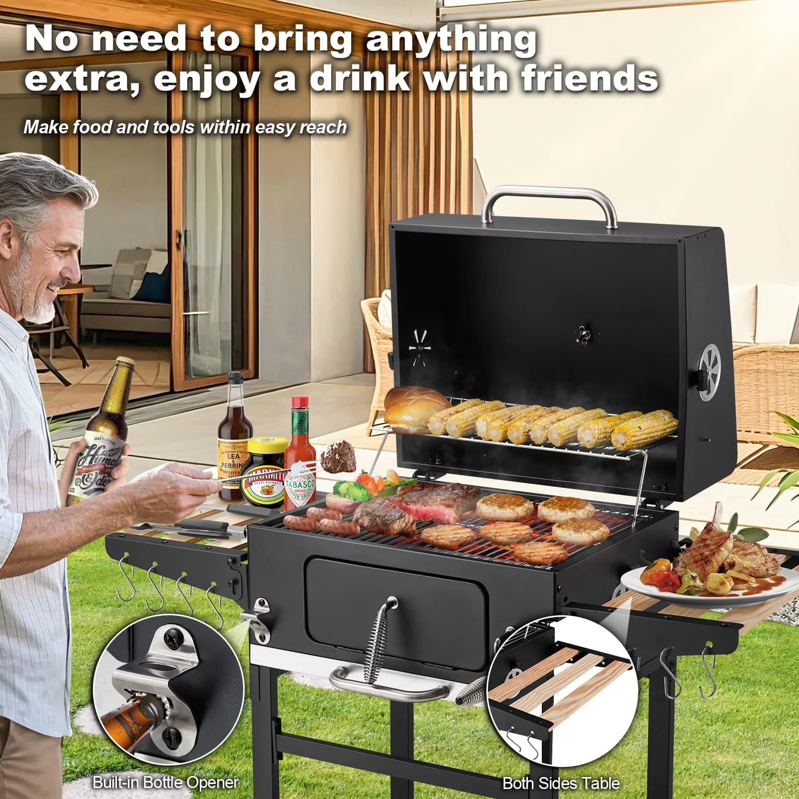 Sleek Charcoal Grill with Adjustable Charcoal Tray, Warming Rack, Thermometer - Steel Black for Patio, Garden Model 3F9025