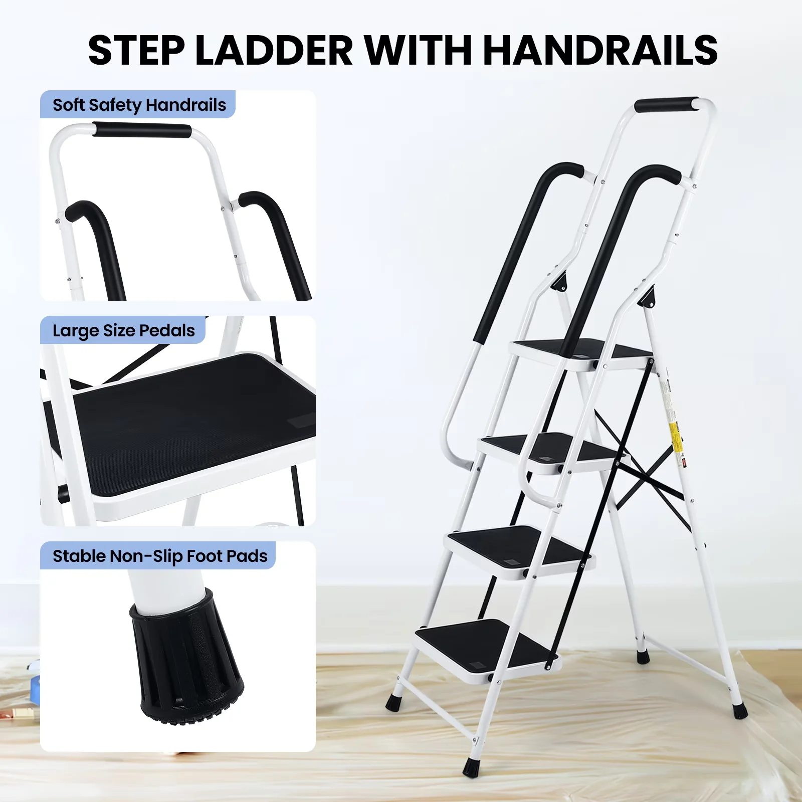 Innovative Ladders And Step Stool with Waterproof, Sturdy Steel Ladder 4 Folding - White Aluminum Model 7861EC