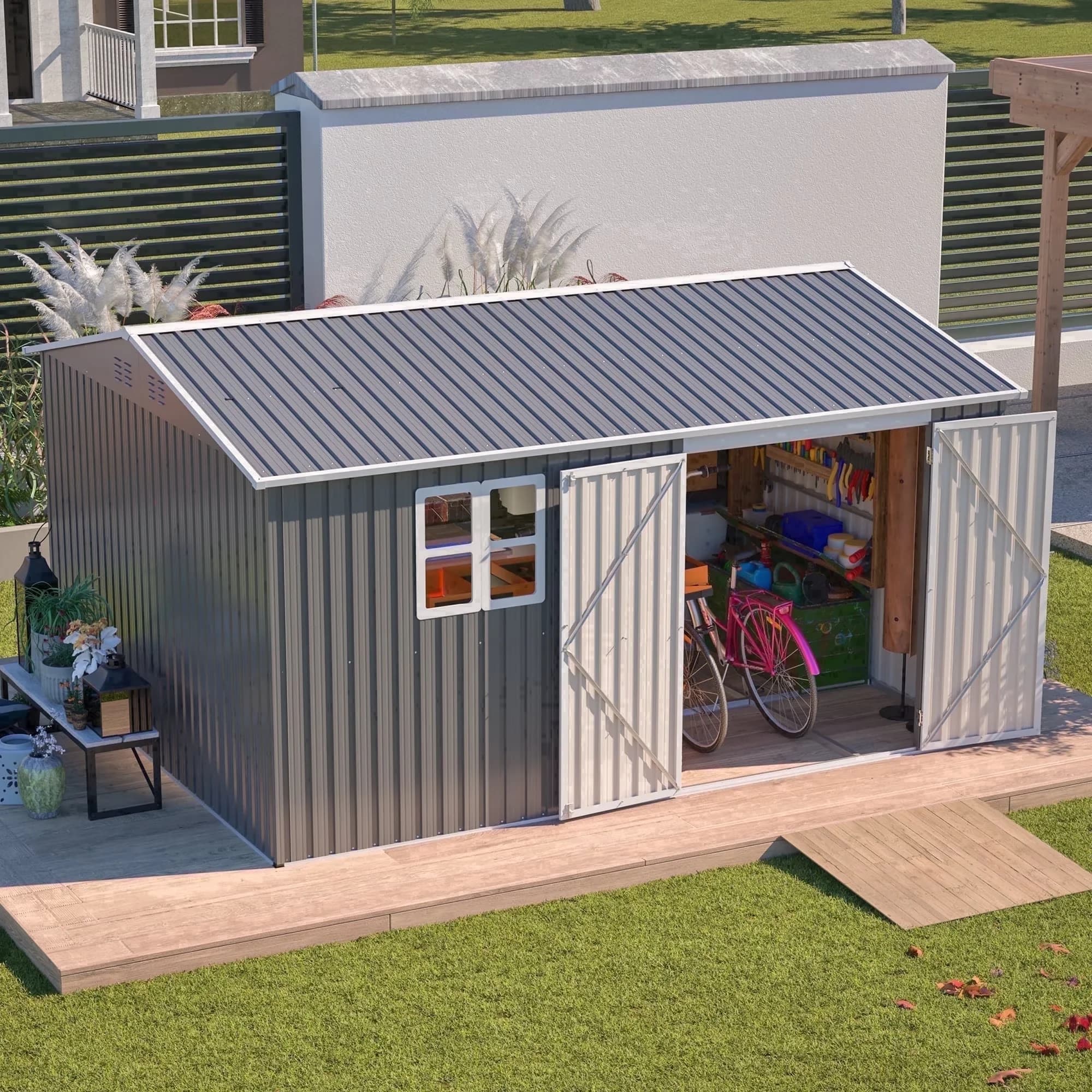 Shed Sleek with Lockable Door, Rot Resistant, 12'x10' Outdoor Storage - Metal Gray for Patio Model 42456E