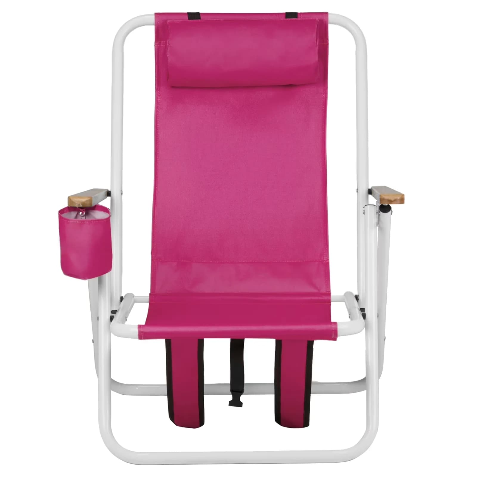 Beach Chair Innovative with Folding, Headrest Cup Holder and Wooden Armrests - Pink Model B86CDB