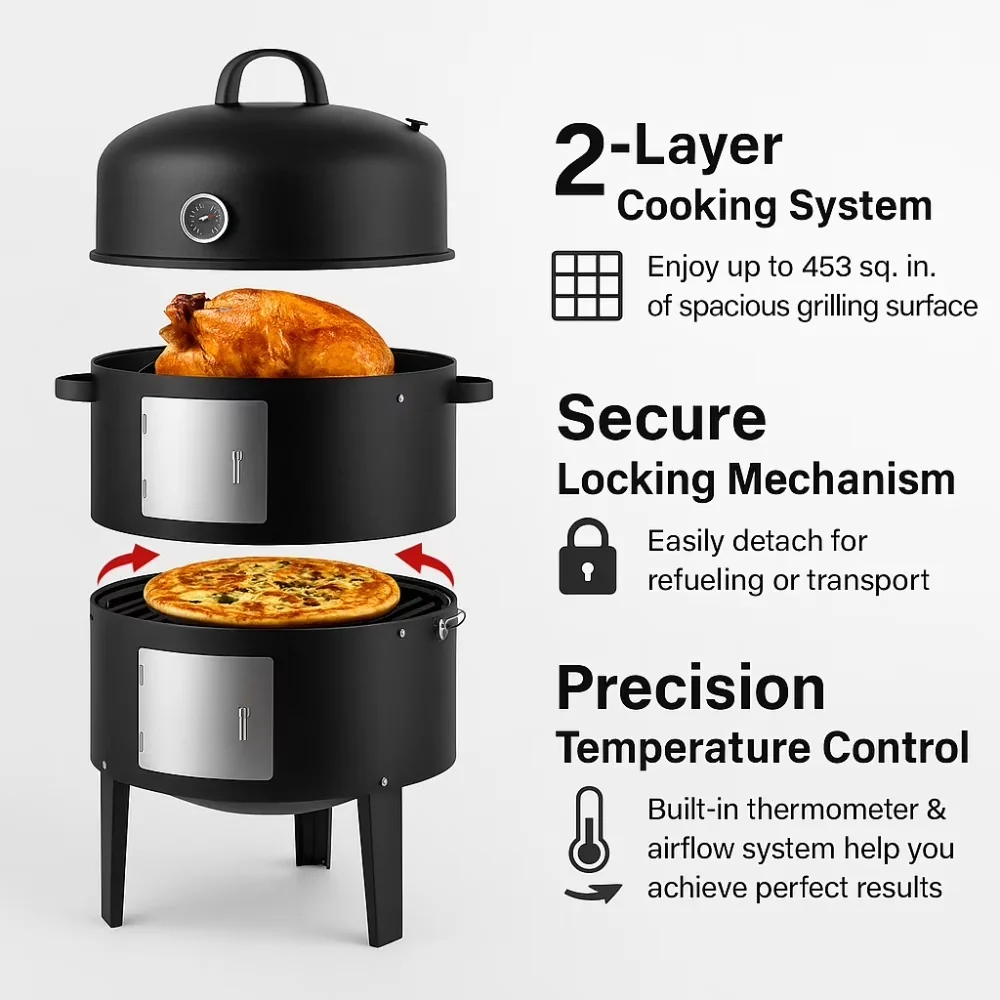Durable Smoker with Digital Temperature Control, Locking Lid, 3-in-1 Charcoal Grill - Steel Model CCD556