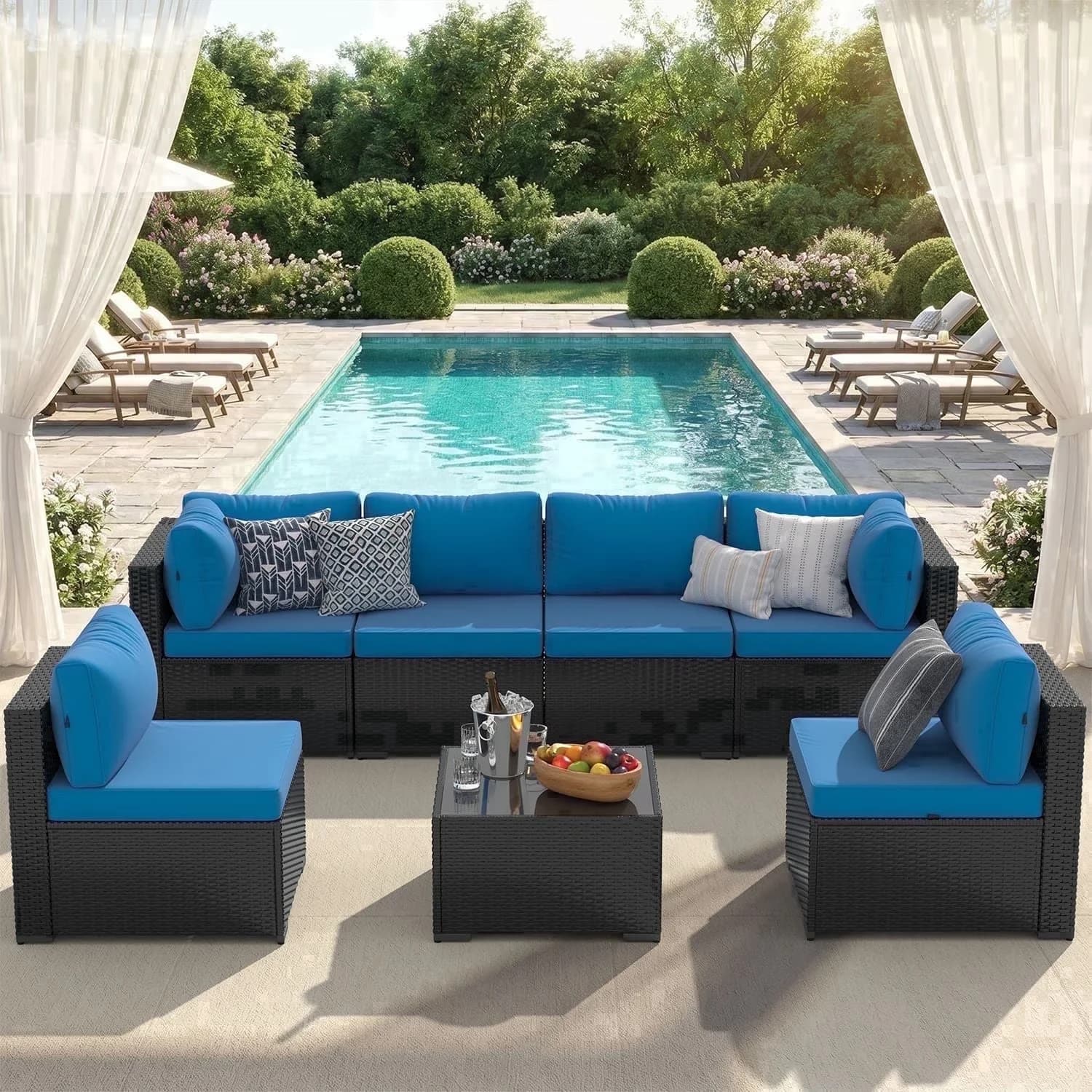 Versatile Outdoor Sofas Sectional with Modern, Rust Resistant - Glass + Polyester + Sponge + Metal + Rattan Blue Model C1D26C
