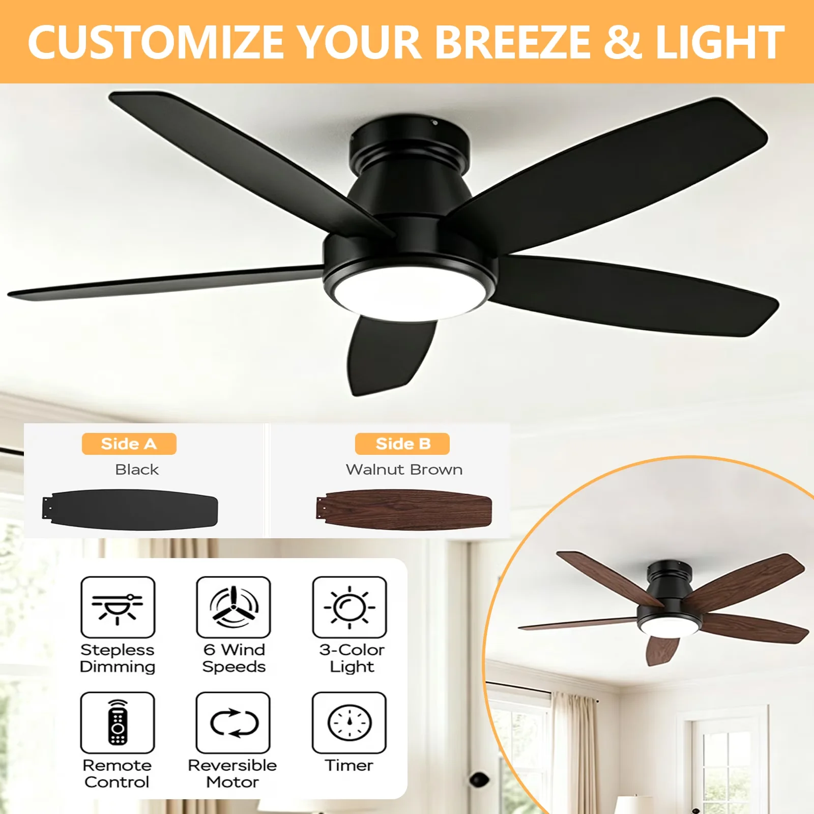 Classic Ceiling Fan with LED, Bluetooth Compatible, Dimmable - Black, Brown Plastic for Living Room, Bedroom Model 305DB6