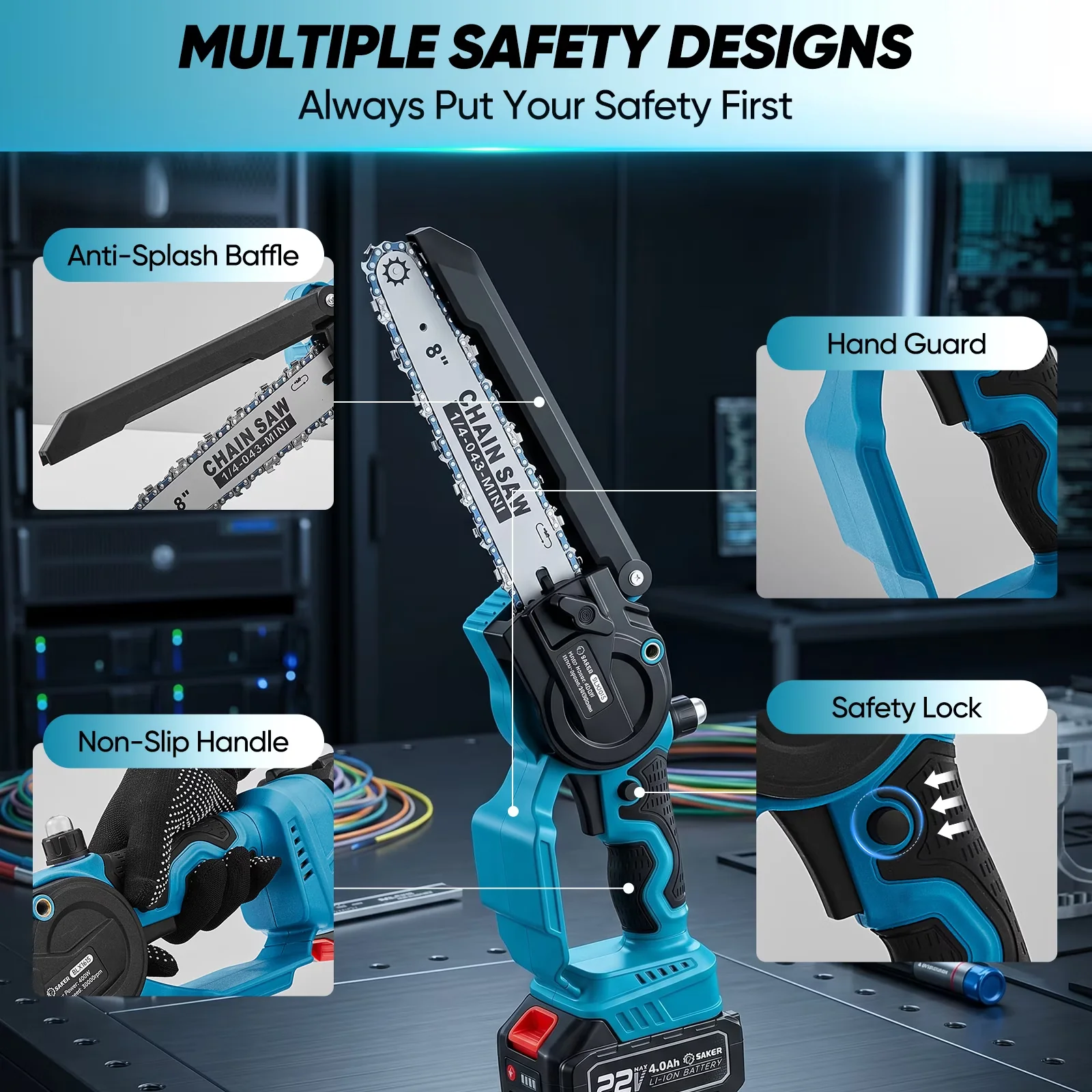 Professional Chainsaw with Battery, Anti-Vibration, 8 Inch Cordless Electric Mini - Model 45E6B6