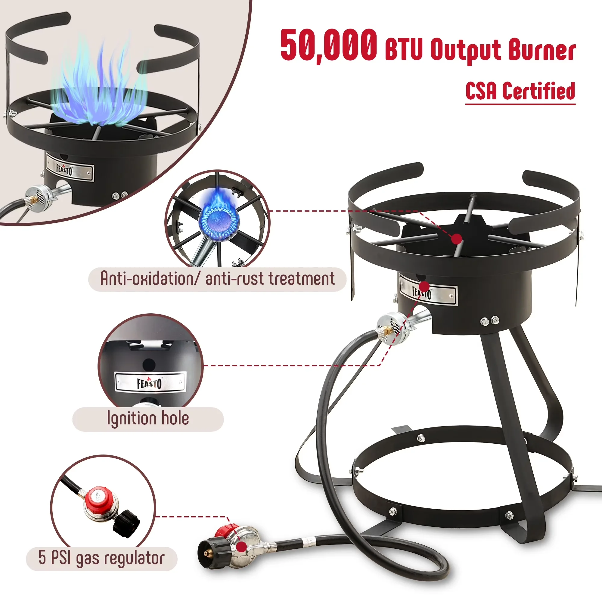 Versatile Outdoor Fryer with 50000 BTU, Adjustable Regulator - Aluminum Silver Model EA734C