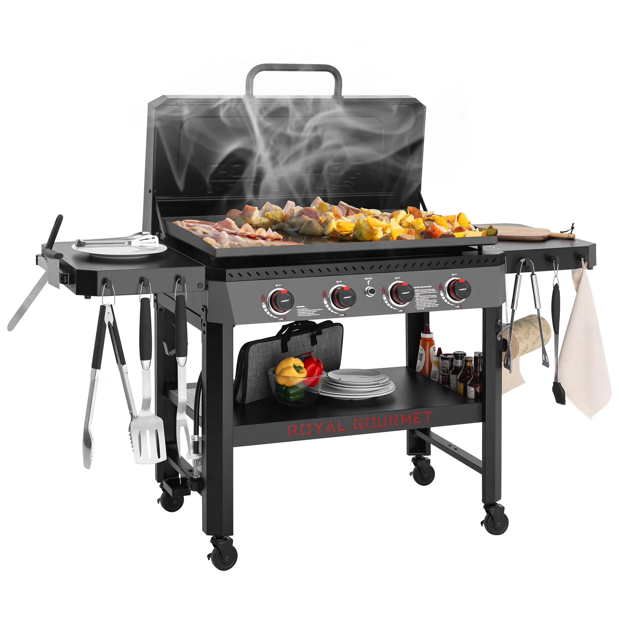 Essential Gas Grill with Rust Resistant, Hood - Black Steel (Main Body), Ceramic-Coated Steel (Griddle Top) Model 9290A8